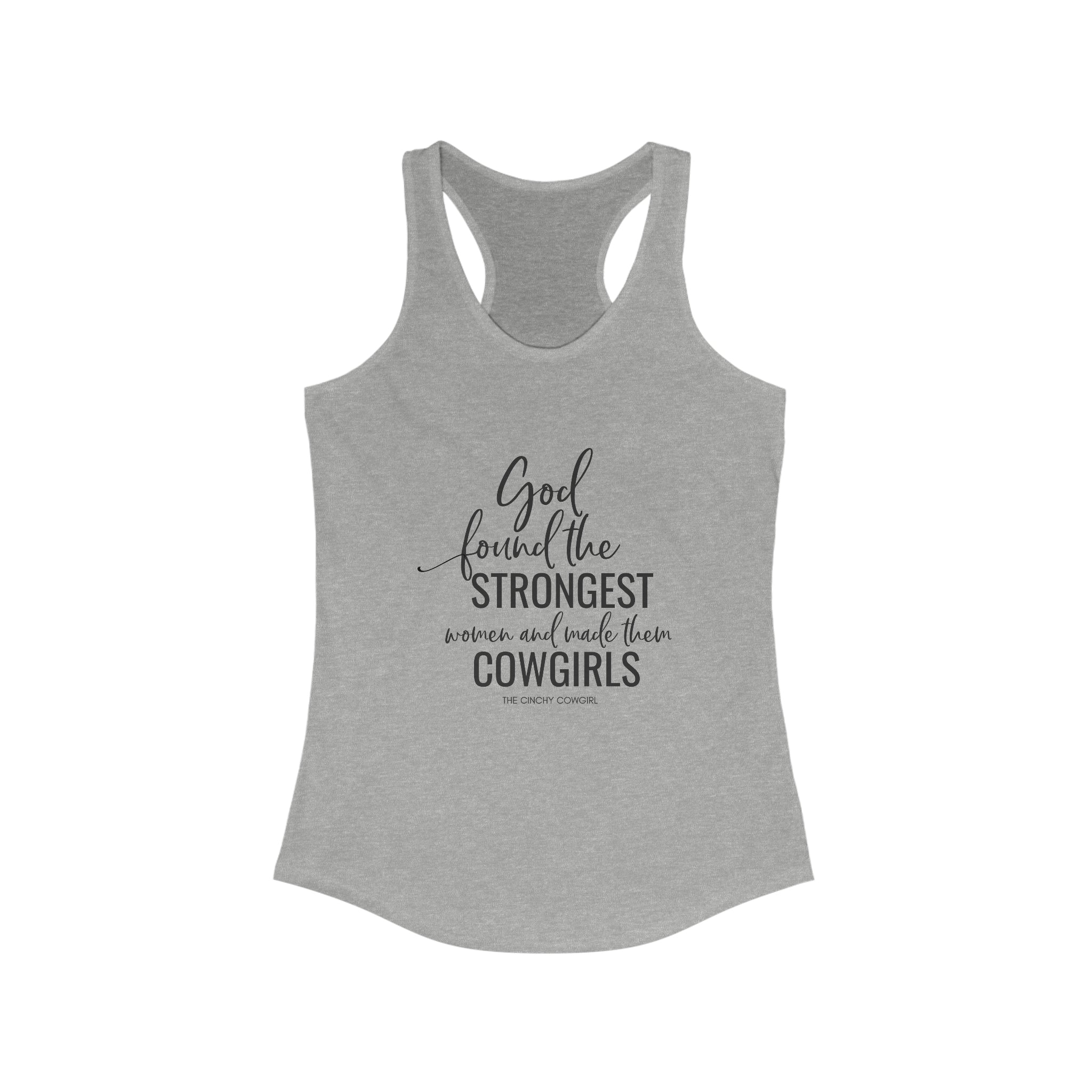 God Found the Strongest Women Racerback Tank tcc graphic tee Printify XS Heather Grey