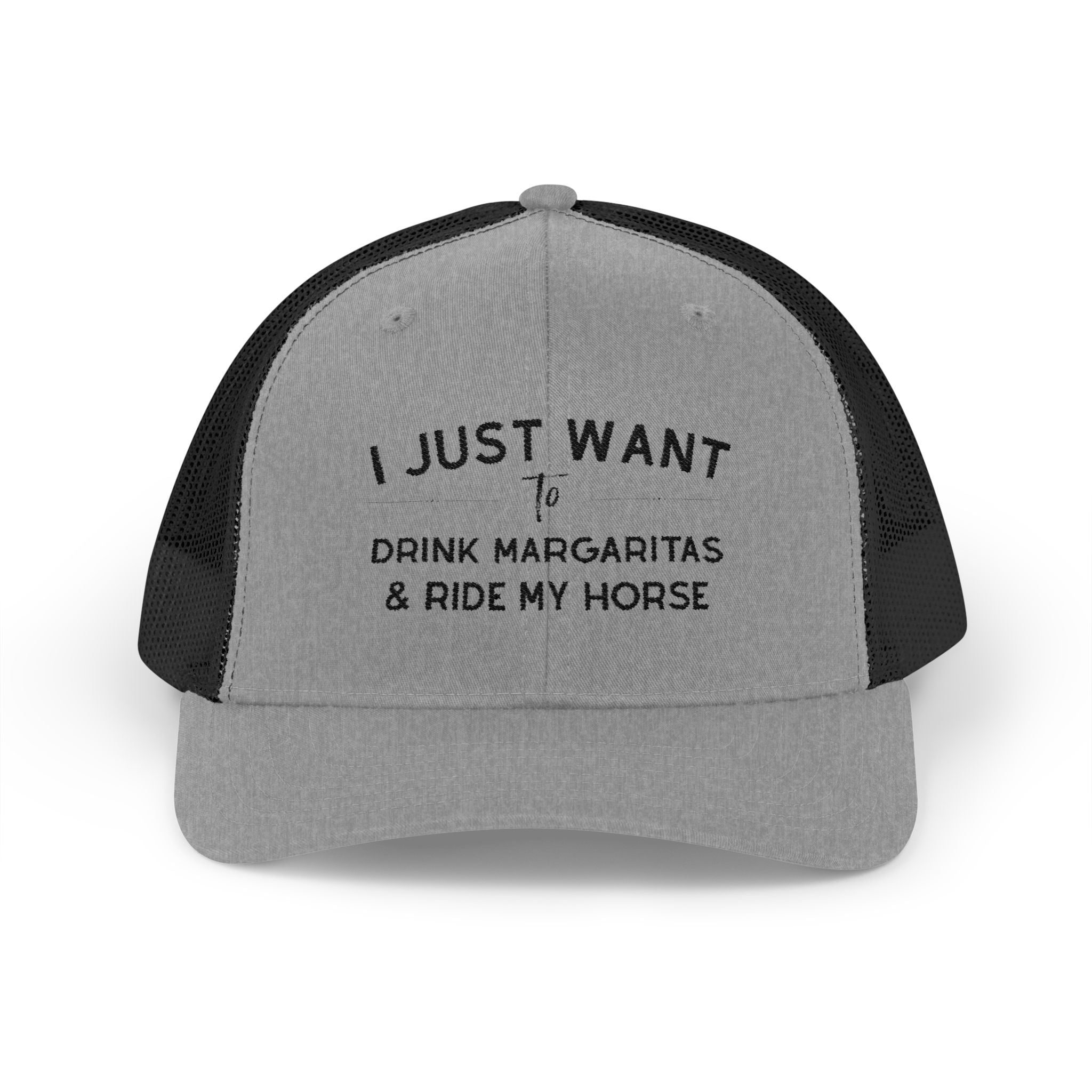 I Just Want To Drink Margaritas and Ride My Horse Trucker Hat Hats The Cinchy Cowgirl - Print Heather Grey / Black One size
