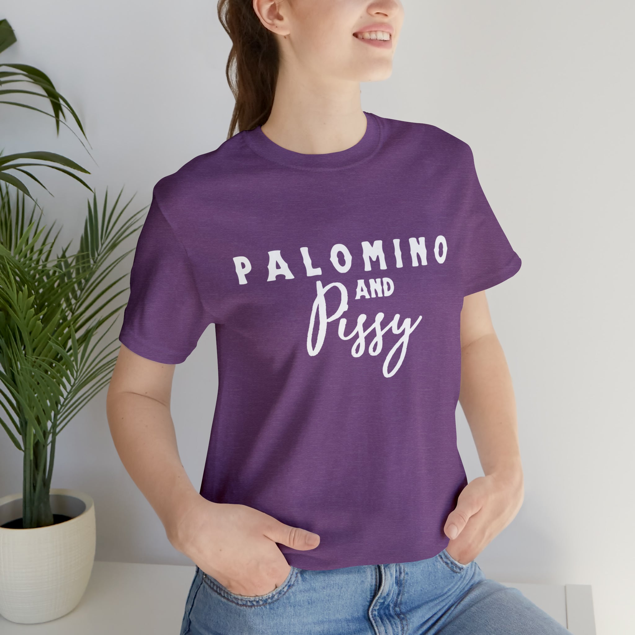 Palomino & Pissy Short Sleeve Tee Horse Color Shirt Printify Heather Team Purple XS
