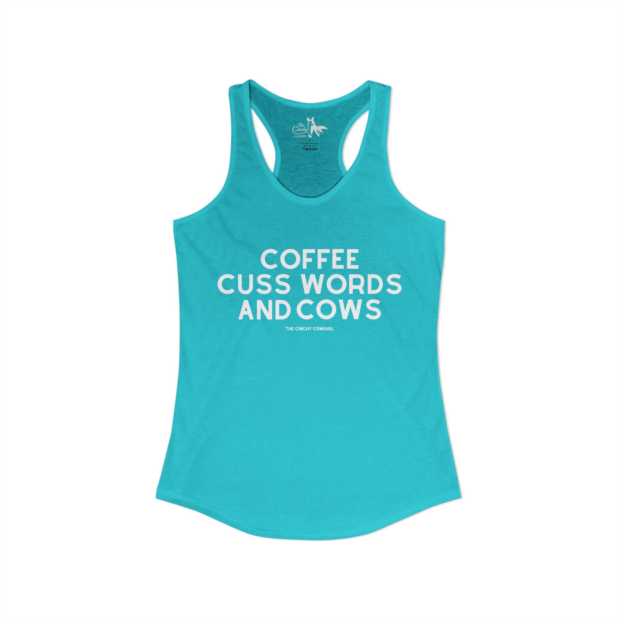 Coffee, Cuss Words And Cows Tank Top Tank Top The Cinchy Cowgirl - Print XS Solid Tahiti Blue