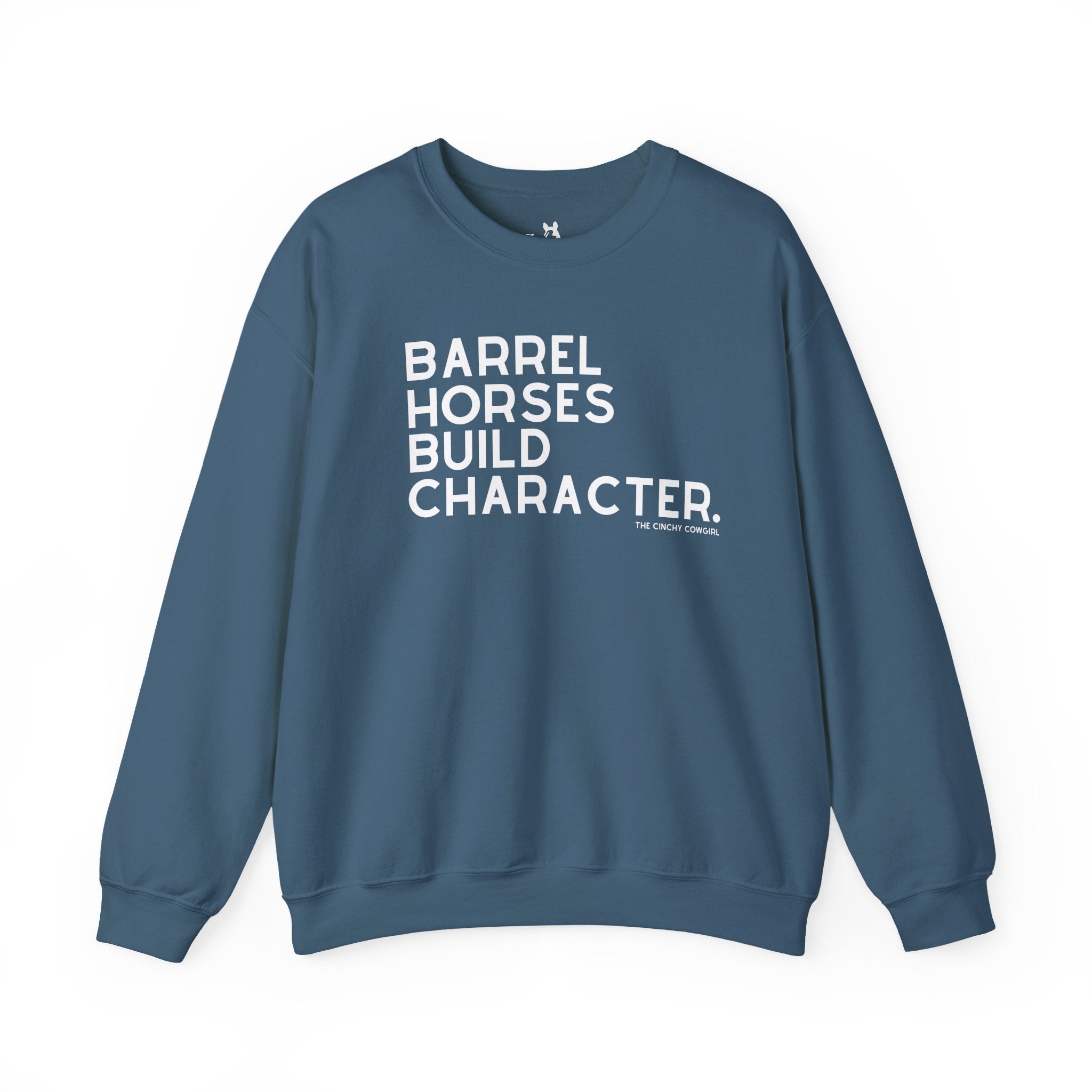 Barrel Horses Build Character Pullover Sweatshirt The Cinchy Cowgirl - Print S Indigo Blue