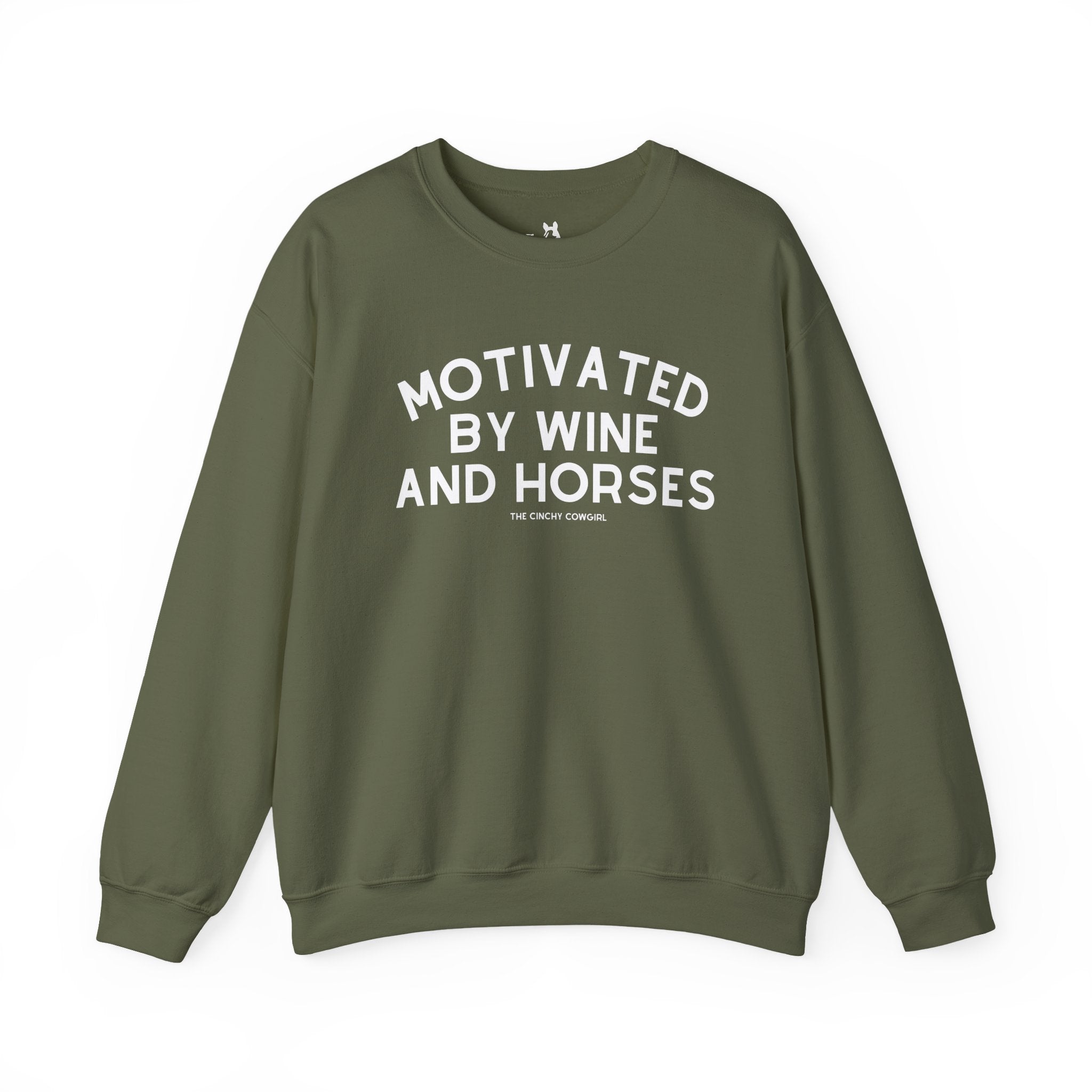 Motivated By Wine & Horses Fleece Pullover Sweatshirt The Cinchy Cowgirl - Print S Military Green