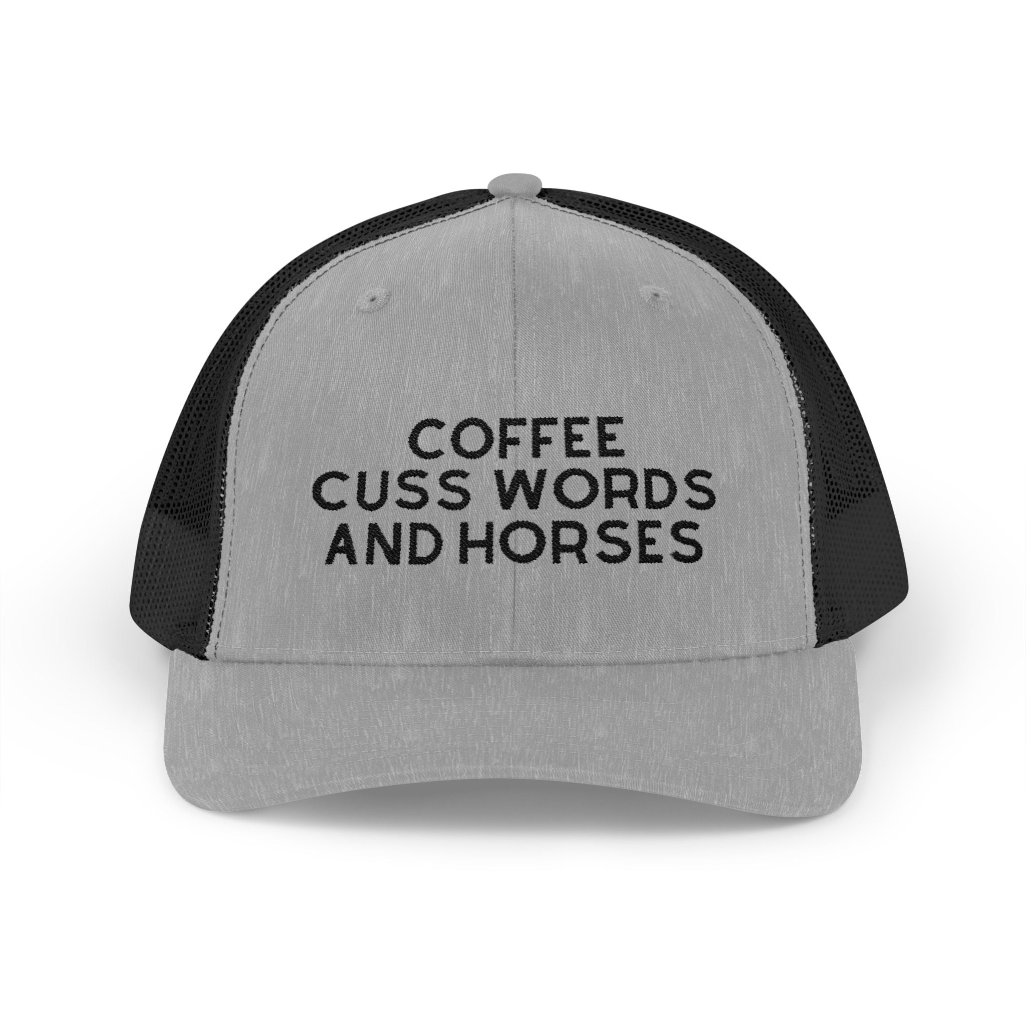 Coffee Cuss Words and Horses Trucker Hat Embroidered TCC Hat The Cinchy Cowgirl - Print Heather Grey / Black