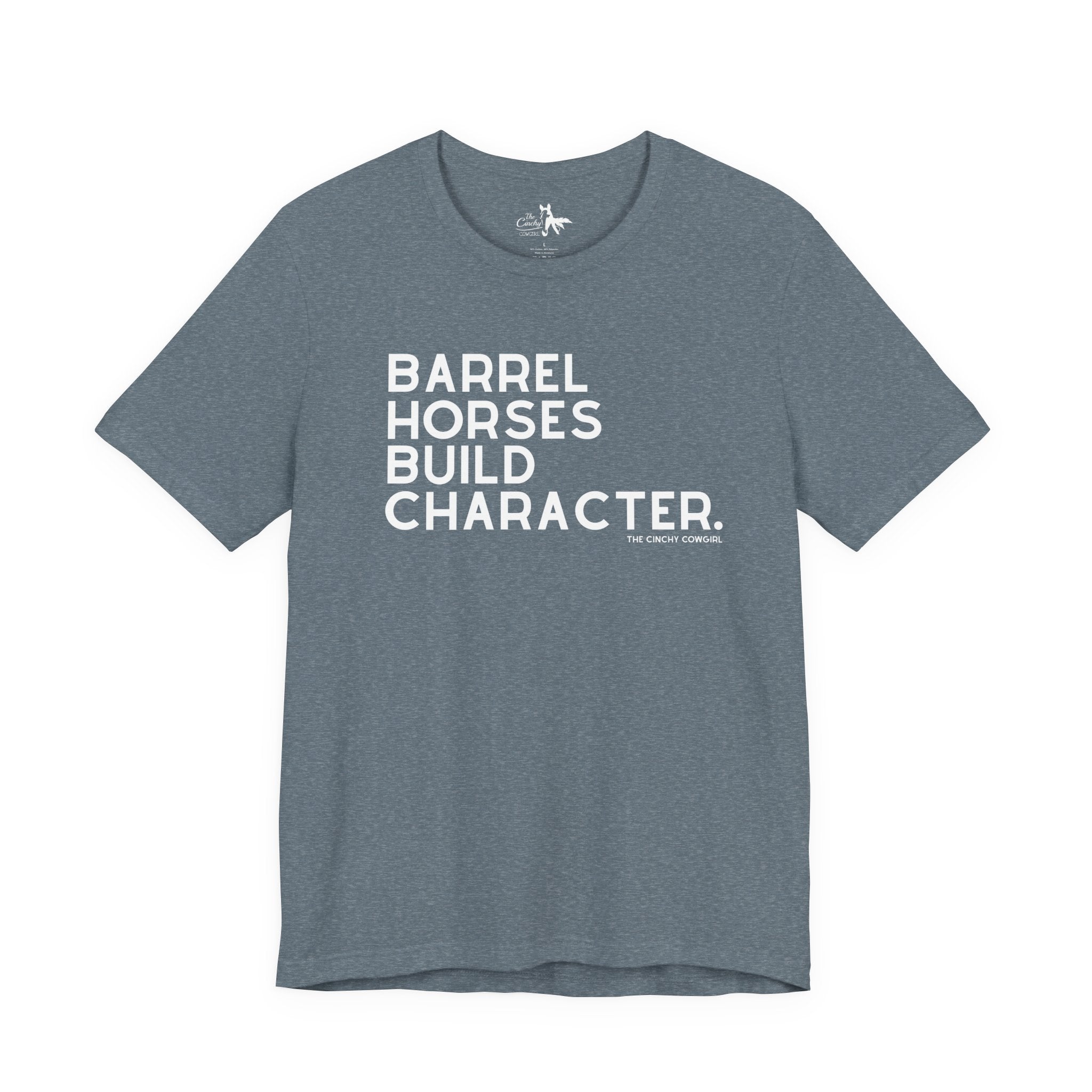 Barrel Horses Build Character Short Sleeve Tee Graphic Tee The Cinchy Cowgirl - Print Heather Slate XS