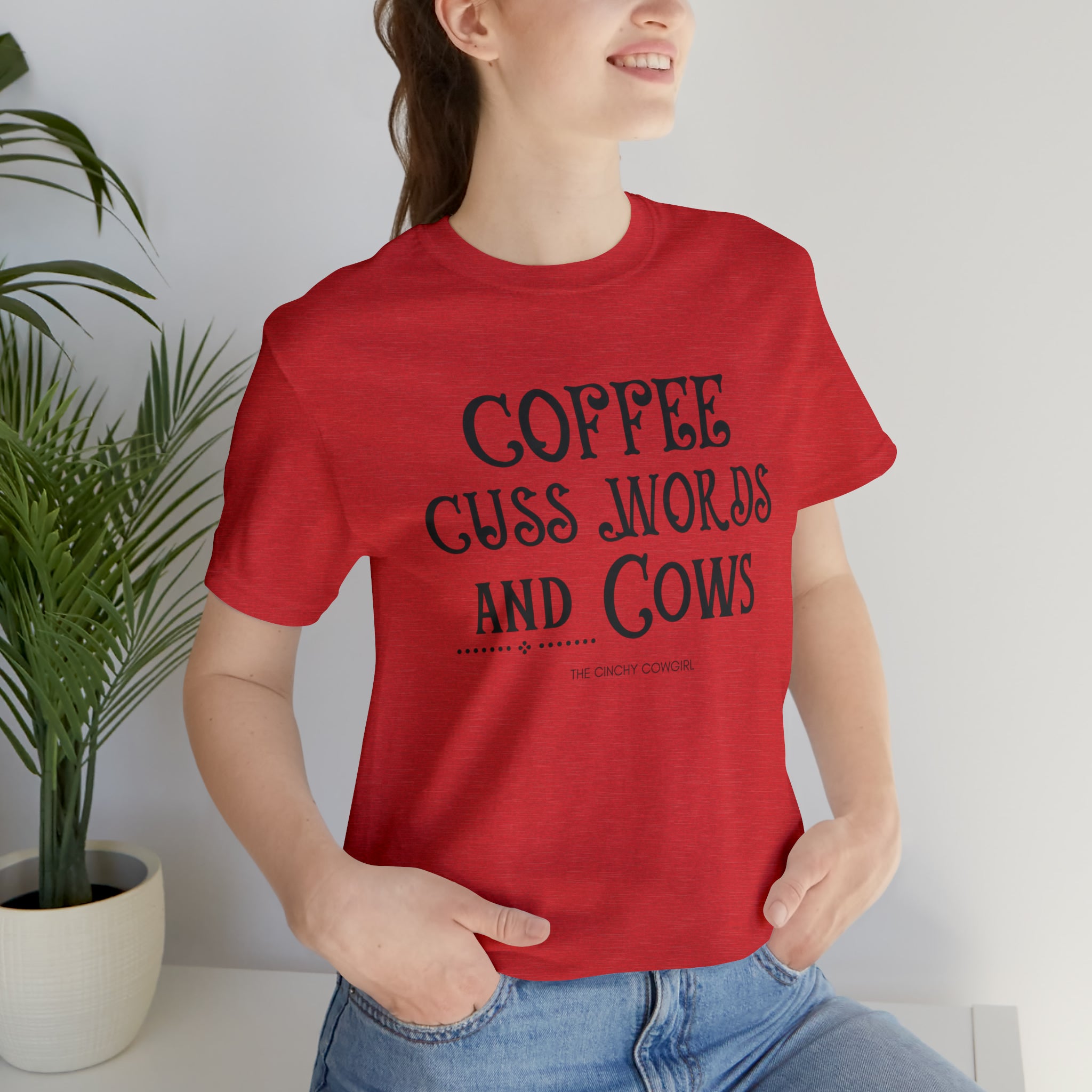 Coffee Cuss Words & Cows Short Sleeve Graphic Tee T-Shirt The Cinchy Cowgirl - Print