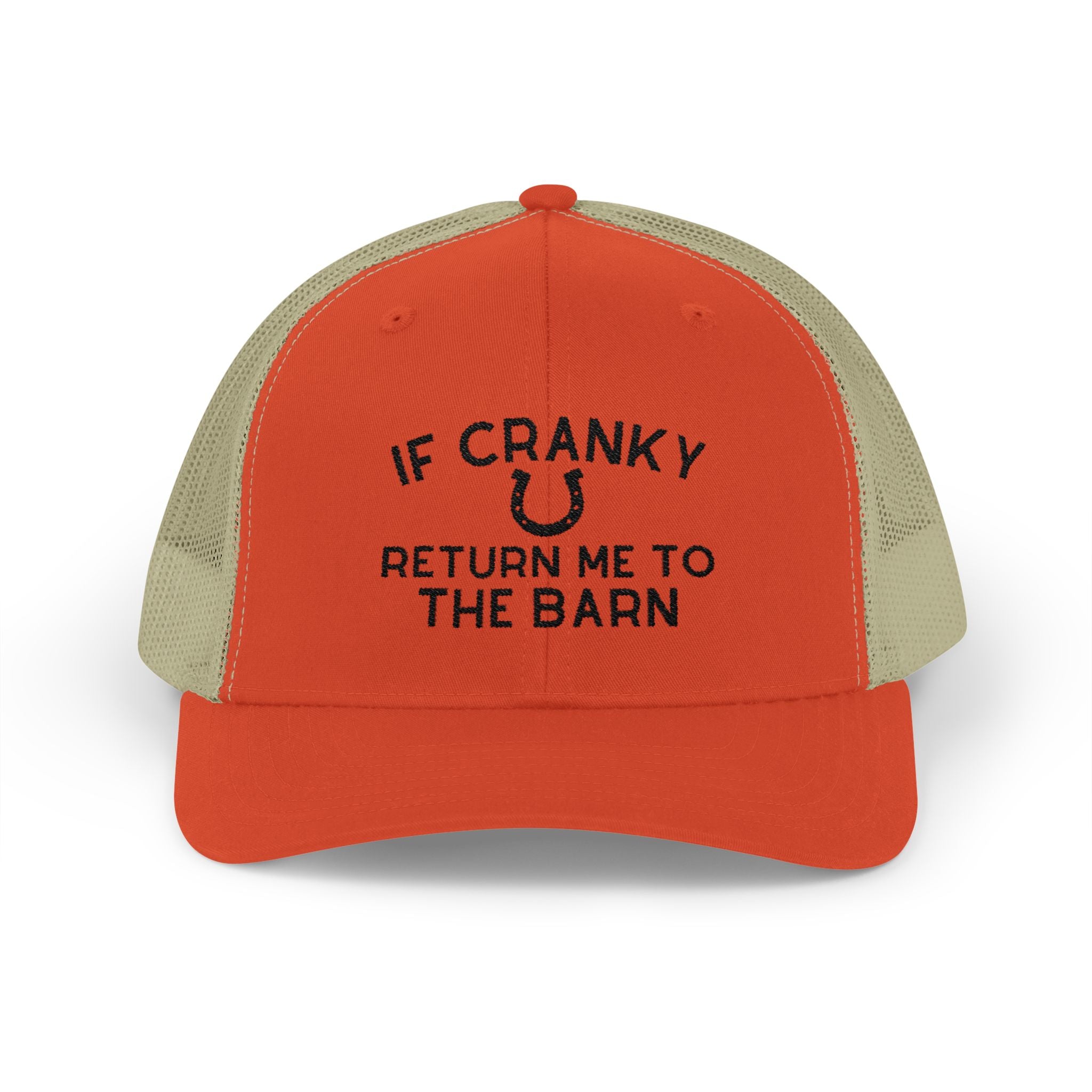 If Cranky Return Me To The Barn Trucker Hat Embroidered TCC Hat The Cinchy Cowgirl - Print Rustic Orange / Khaki