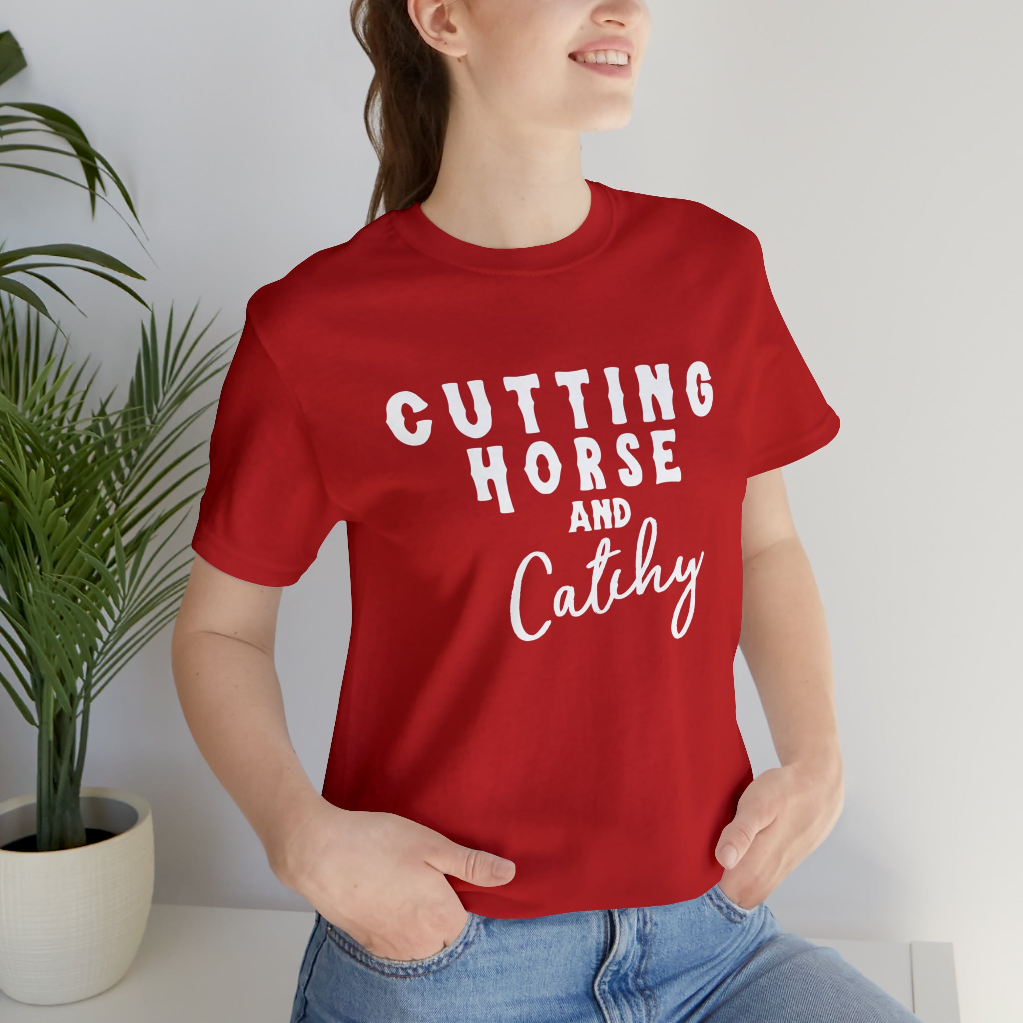 Cutting Horse & Catchy Short Sleeve Tee Horse Riding Discipline Tee Printify Red XS