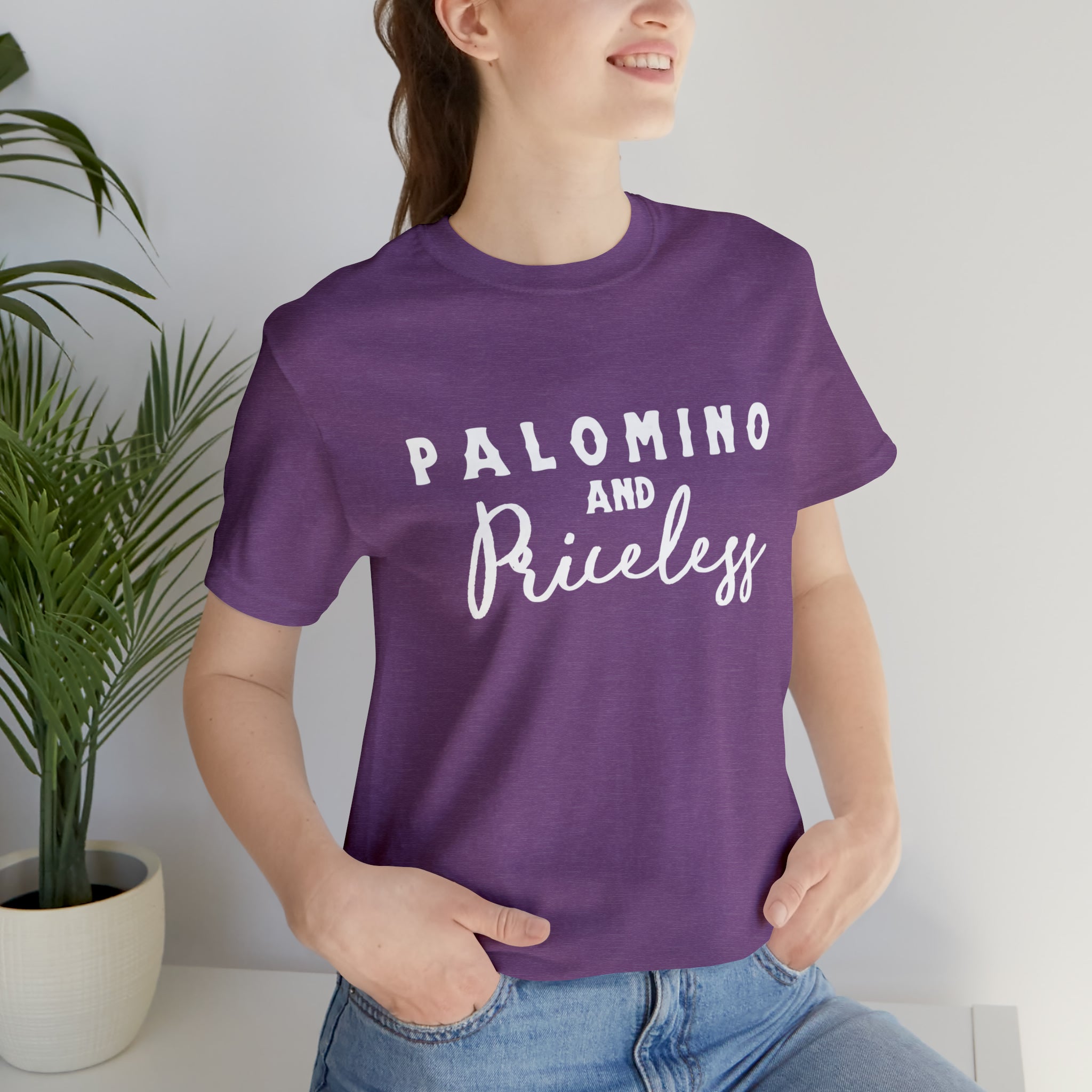 Palomino & Priceless Short Sleeve Tee Horse Color Shirt Printify Heather Team Purple XS