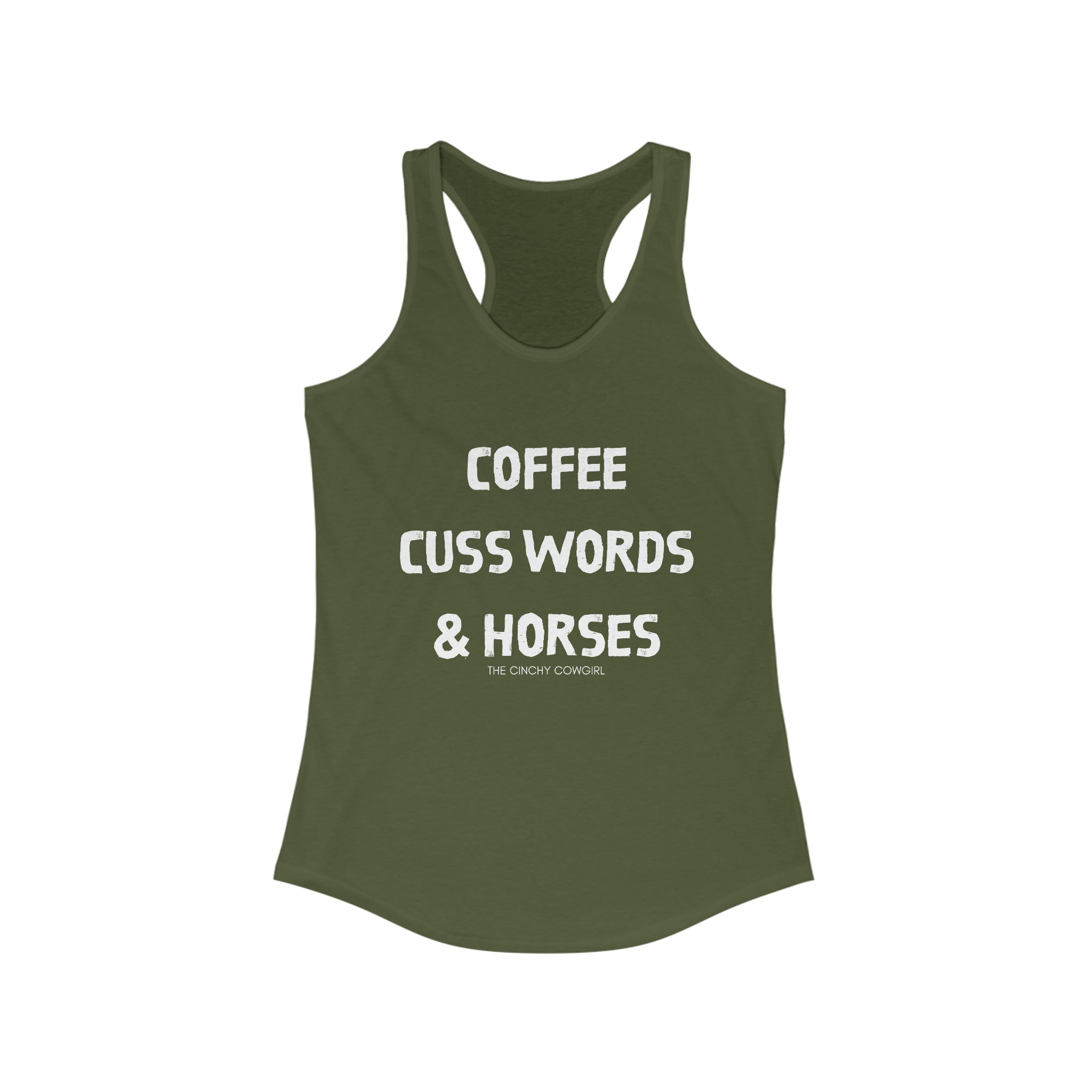 Coffee, Cuss Words, & Horses Racerback Tank tcc graphic tee Printify XS Solid Military Green