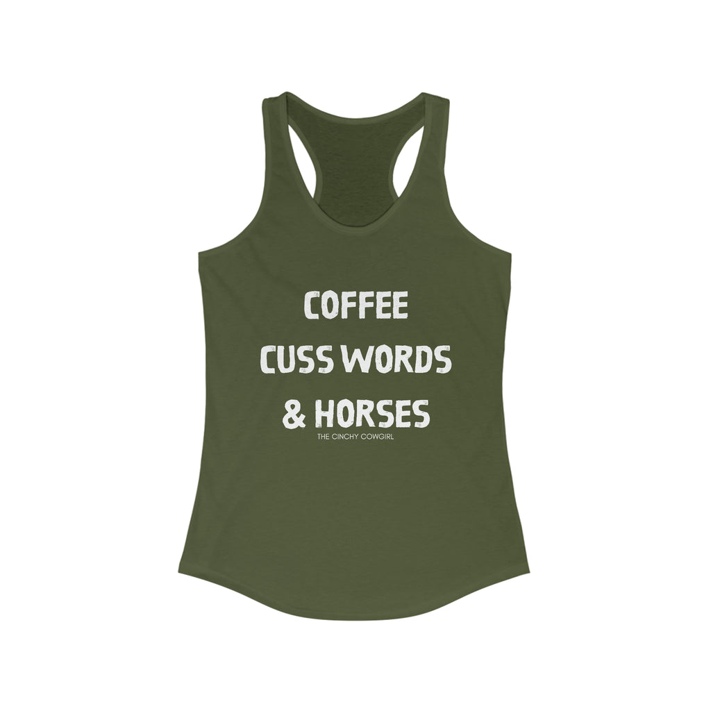 Coffee, Cuss Words, & Horses Racerback Tank tcc graphic tee Printify XS Solid Military Green 