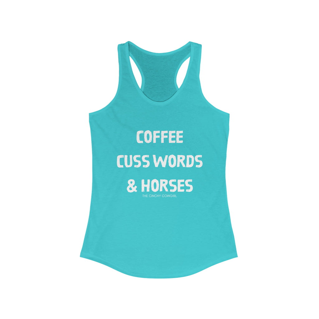 Coffee, Cuss Words, & Horses Racerback Tank tcc graphic tee Printify XS Solid Tahiti Blue 