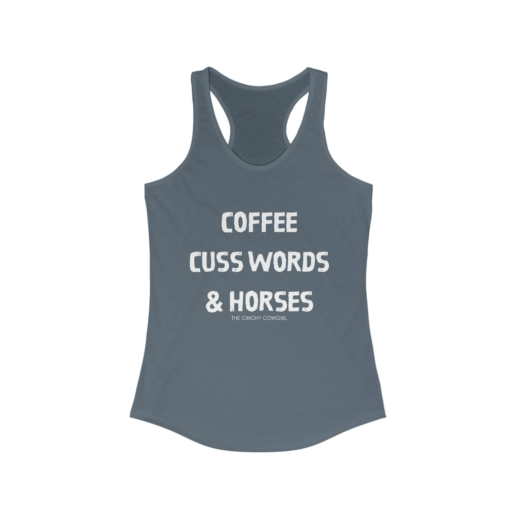 Coffee, Cuss Words, & Horses Racerback Tank tcc graphic tee Printify XS Solid Indigo 