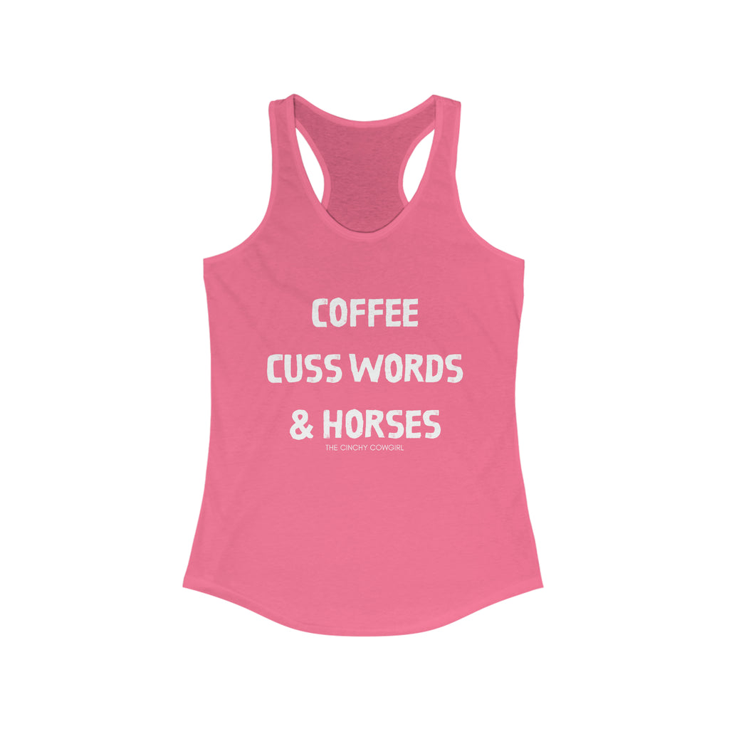 Coffee, Cuss Words, & Horses Racerback Tank tcc graphic tee Printify XS Solid Hot Pink 