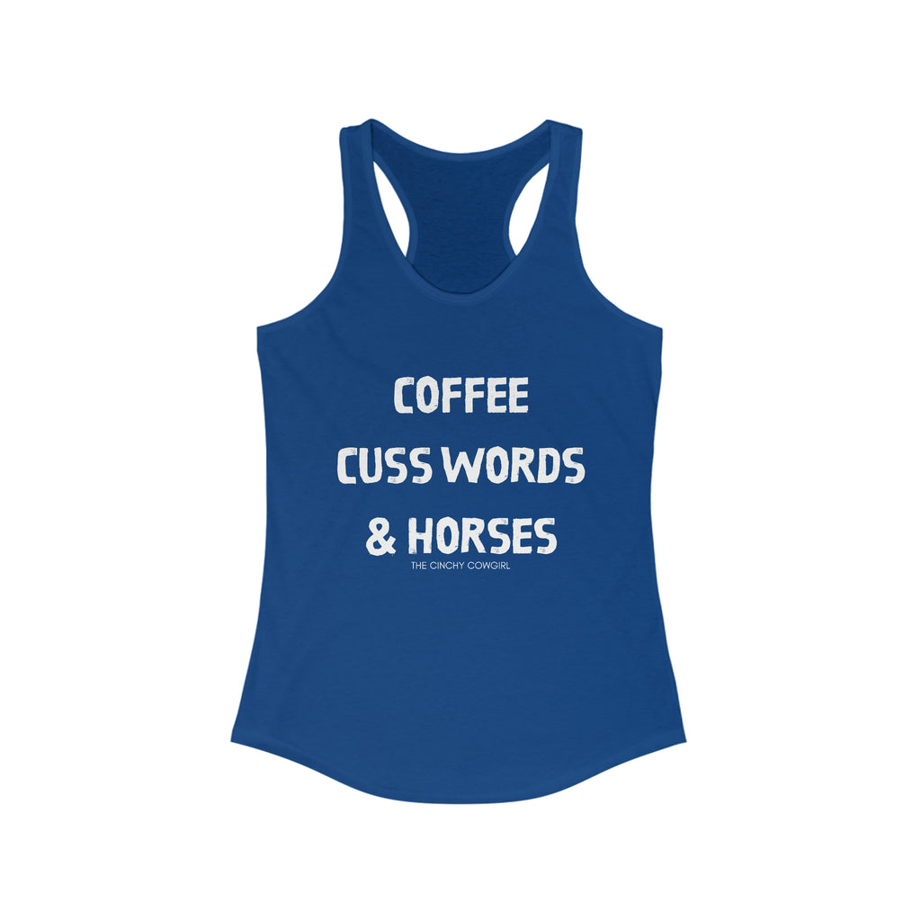 Coffee, Cuss Words, & Horses Racerback Tank tcc graphic tee Printify S Solid Royal 