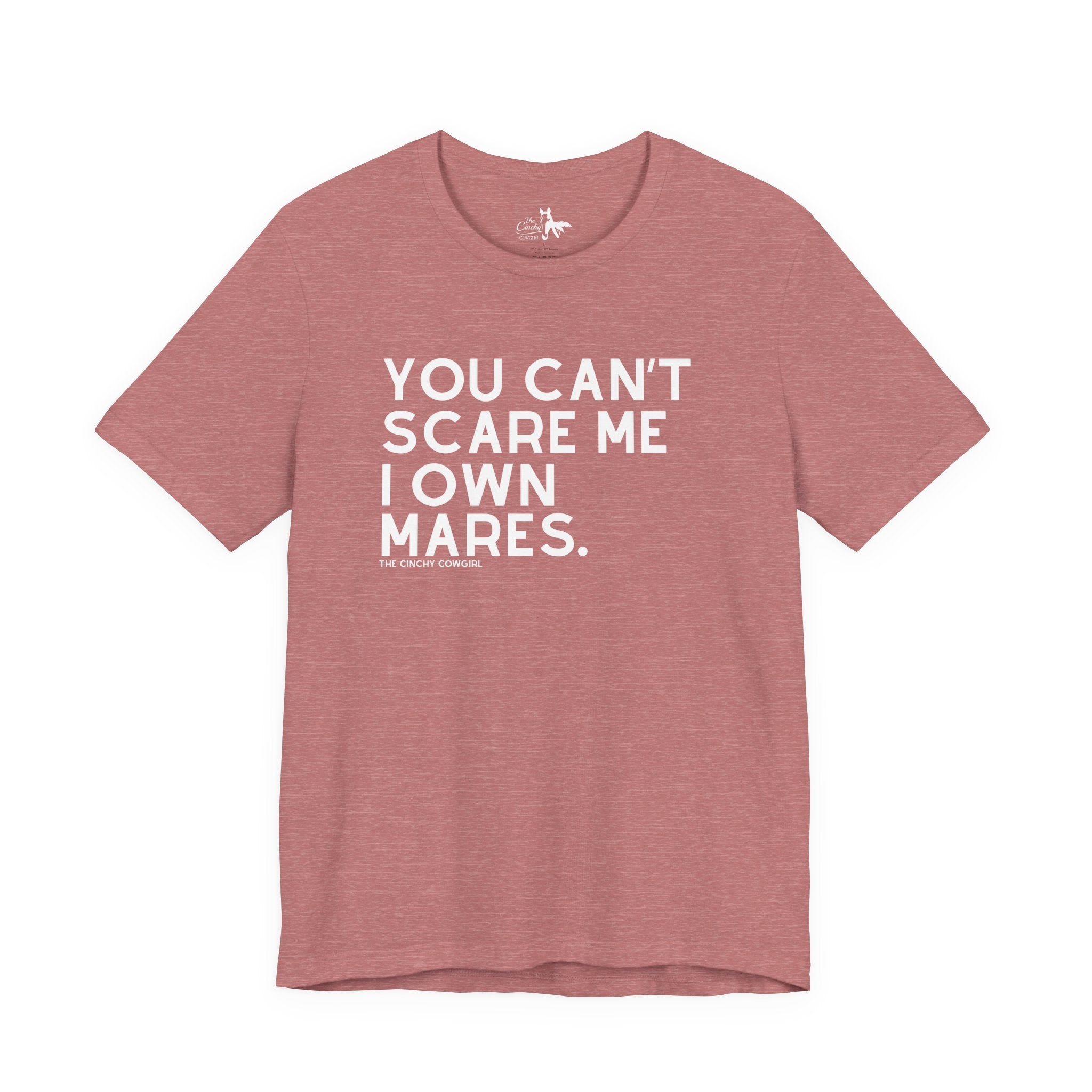 You Can't Scare Me I Own Mares Short Sleeve Graphic Tee T-Shirt The Cinchy Cowgirl - Print Heather Mauve XS
