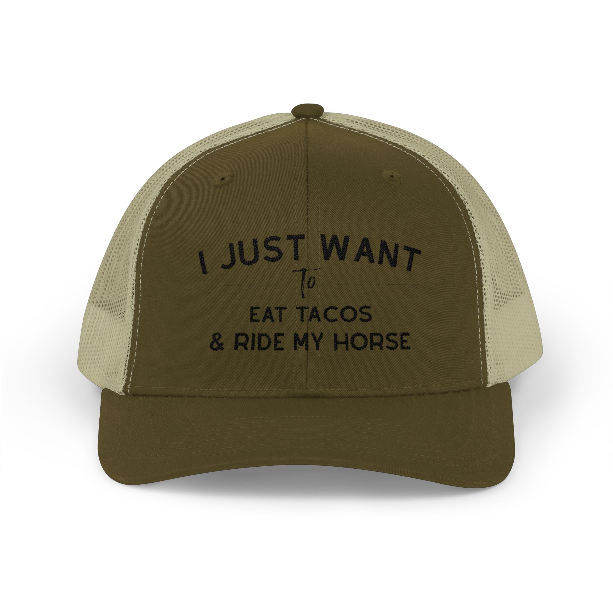 Embroidered I Just Want To Eat Tacos & Ride My Horse Trucker Hat Embroidered TCC Hat The Cinchy Cowgirl - Print Moss / Khaki