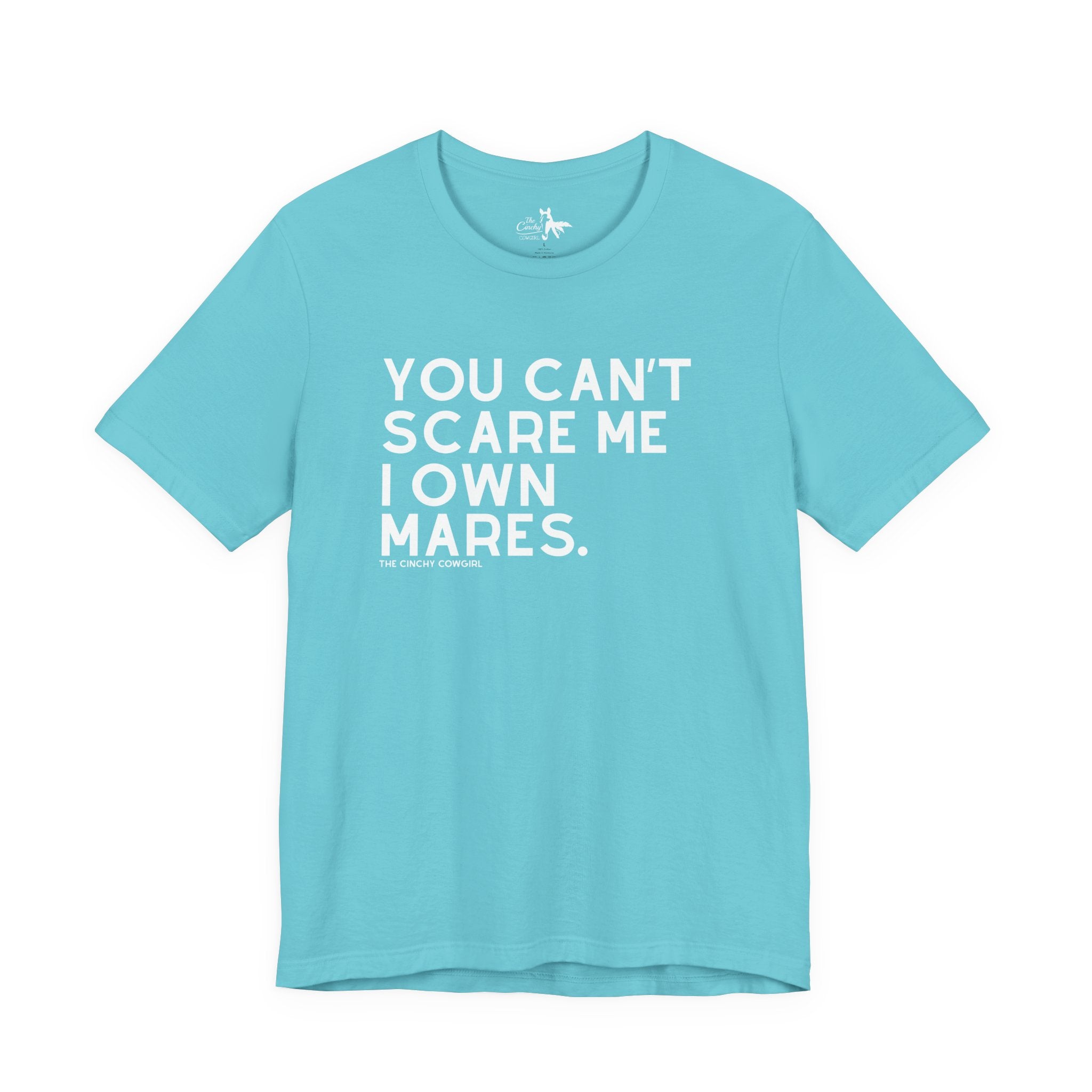 You Can't Scare Me I Own Mares Short Sleeve Graphic Tee T-Shirt The Cinchy Cowgirl - Print Turquoise XS