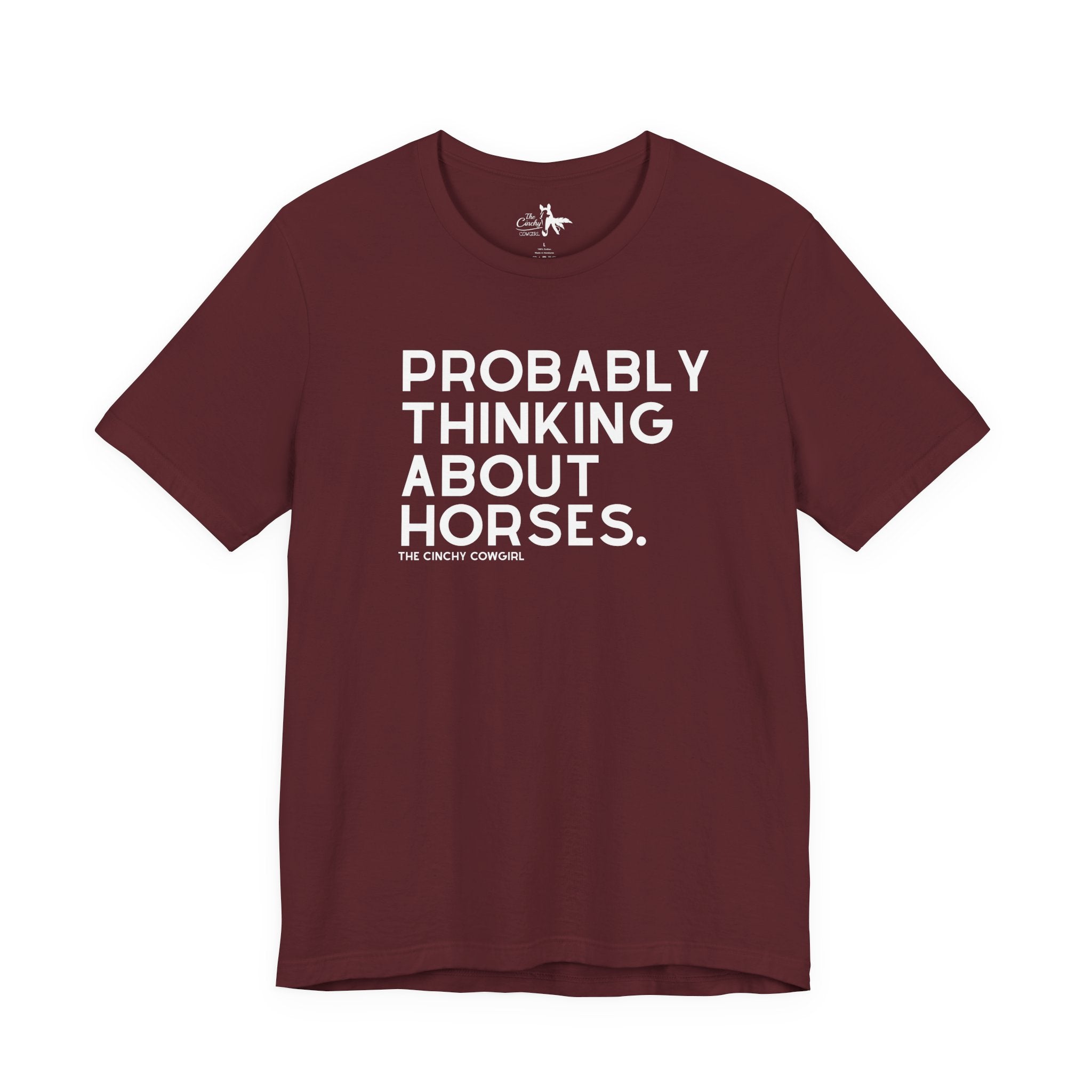Probably Thinking About Horses Short Sleeve Tee Graphic Tee The Cinchy Cowgirl - Print Maroon XS