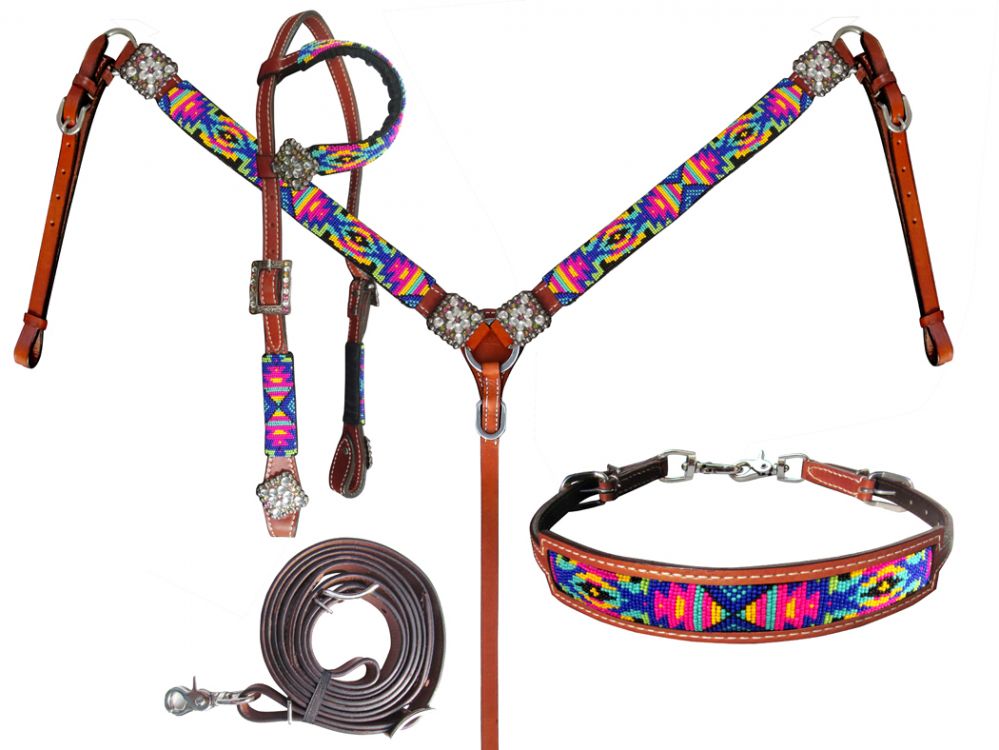 Neon Beaded Tribal 4 Piece Headstall Set headstall set Shiloh