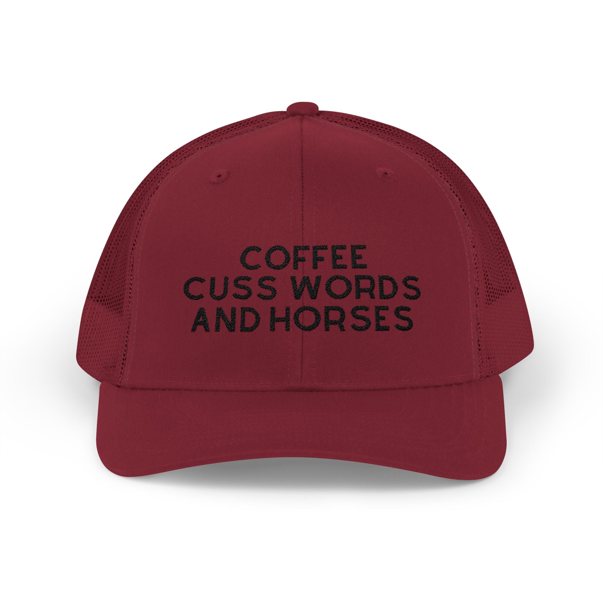 Coffee Cuss Words and Horses Trucker Hat Embroidered TCC Hat The Cinchy Cowgirl - Print Cranberry