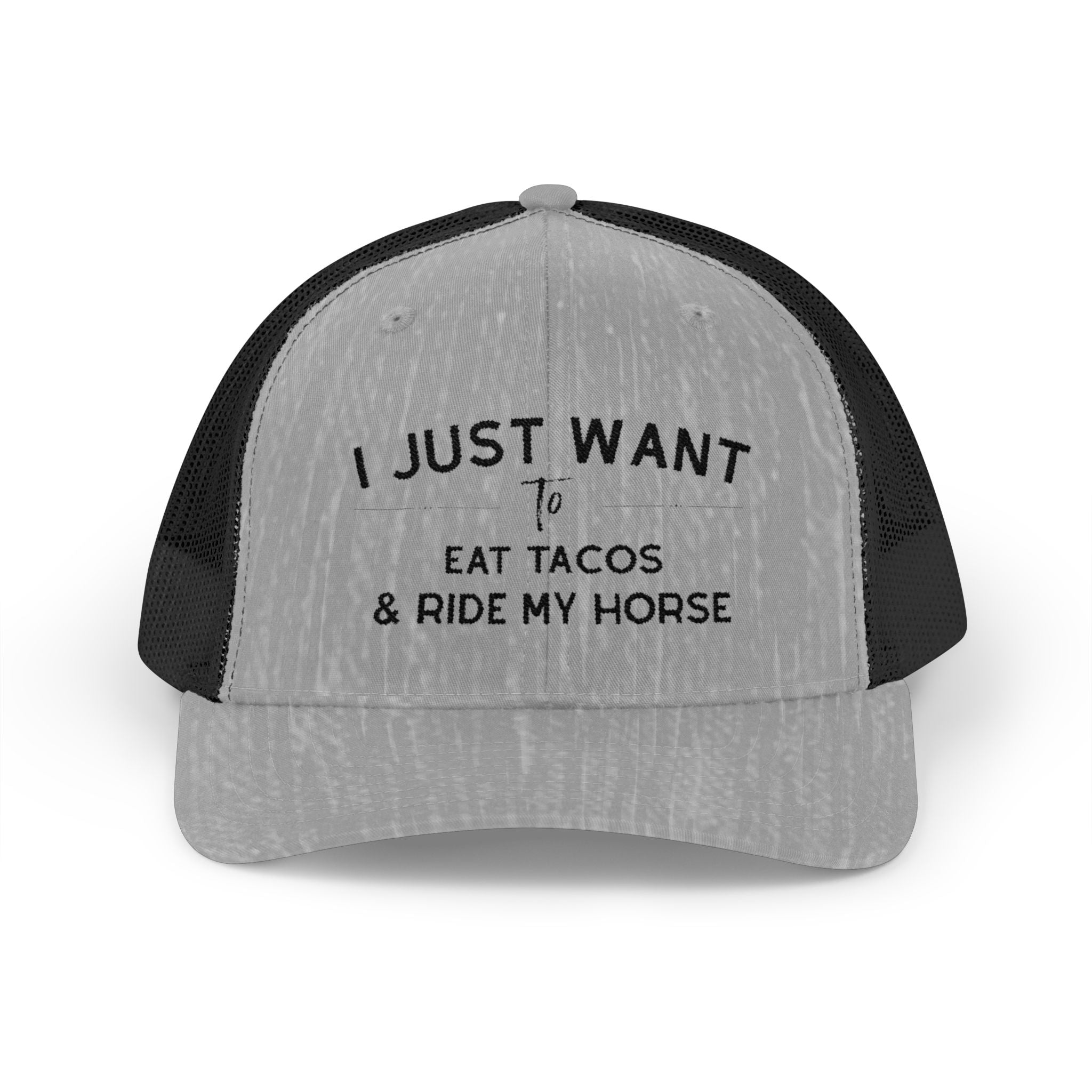Embroidered I Just Want To Eat Tacos & Ride My Horse Trucker Hat Embroidered TCC Hat The Cinchy Cowgirl - Print Heather Grey / Black
