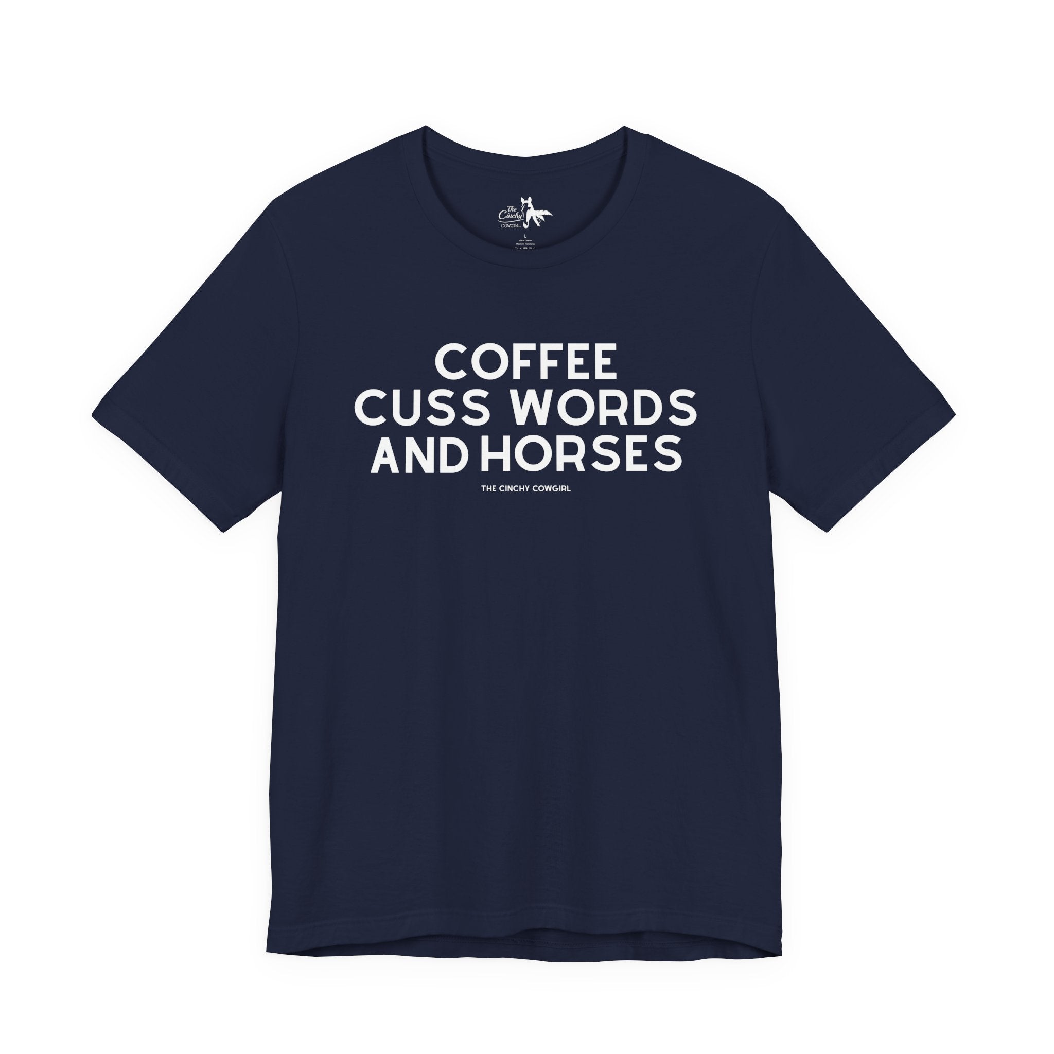 Coffee, Cuss Words And Horses Short Sleeve Tee T-Shirt The Cinchy Cowgirl - Print Navy XS