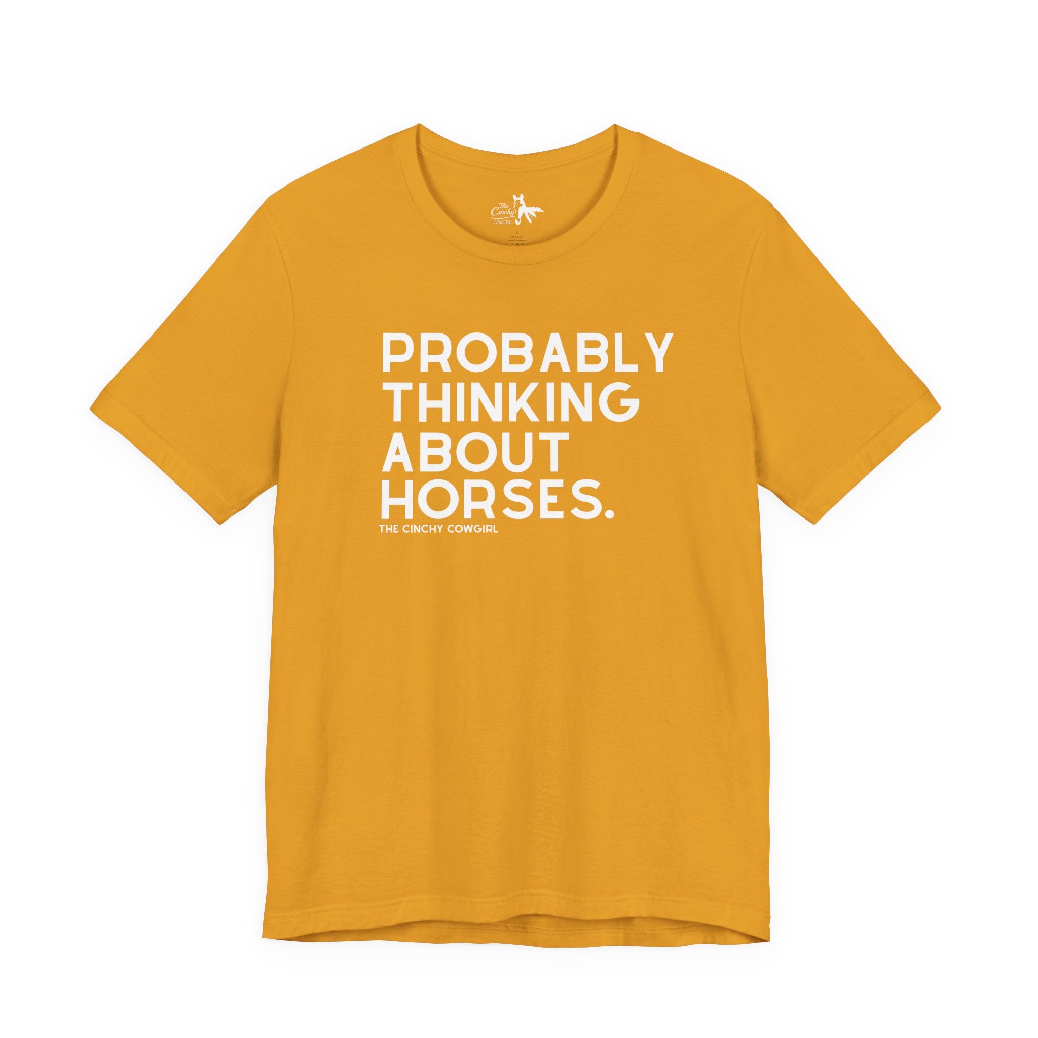 Probably Thinking About Horses Short Sleeve Tee Graphic Tee The Cinchy Cowgirl - Print Mustard XS