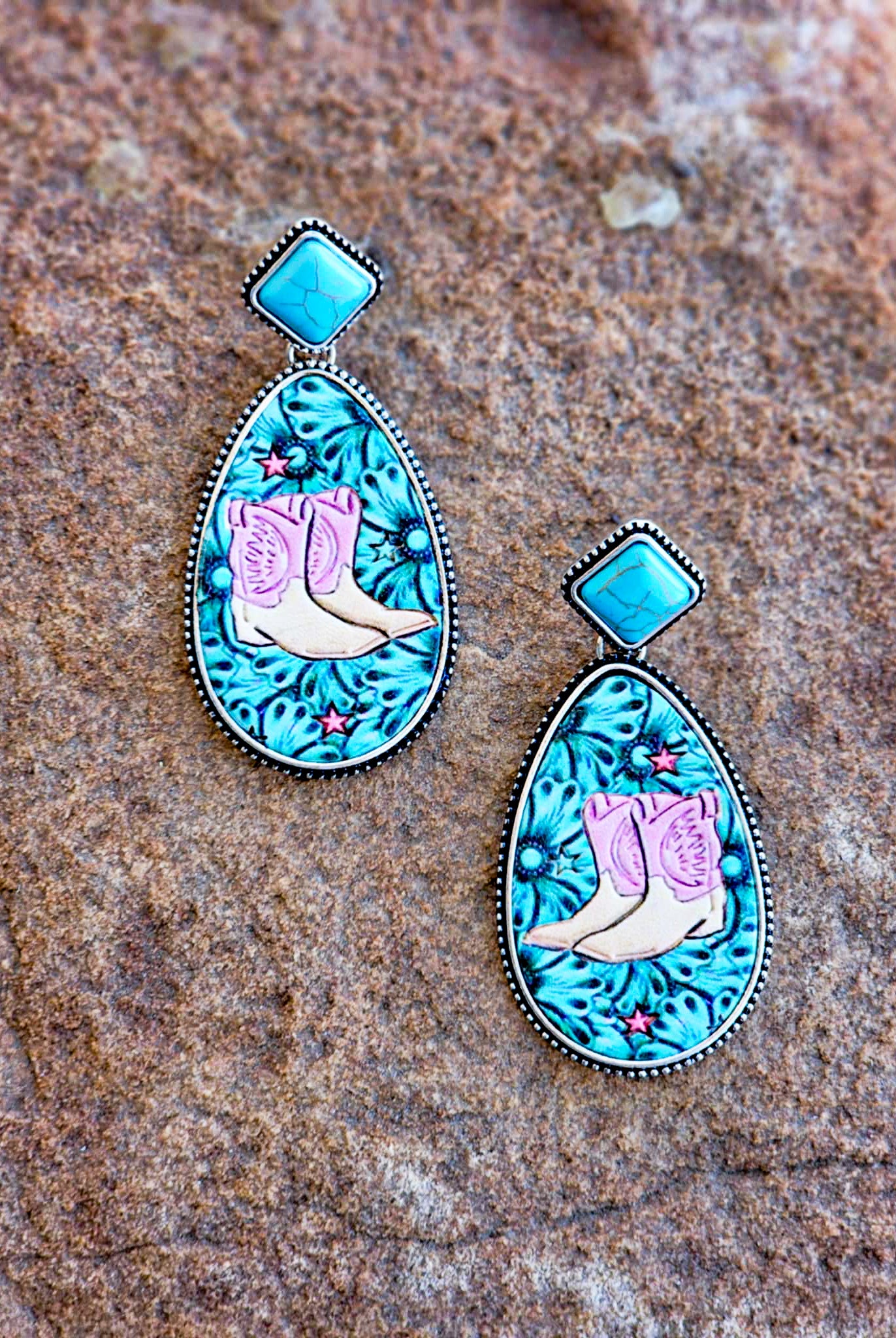 Western Cowboy Boots Embossed Leather Stud Earrings Earrings Blue Tortoise