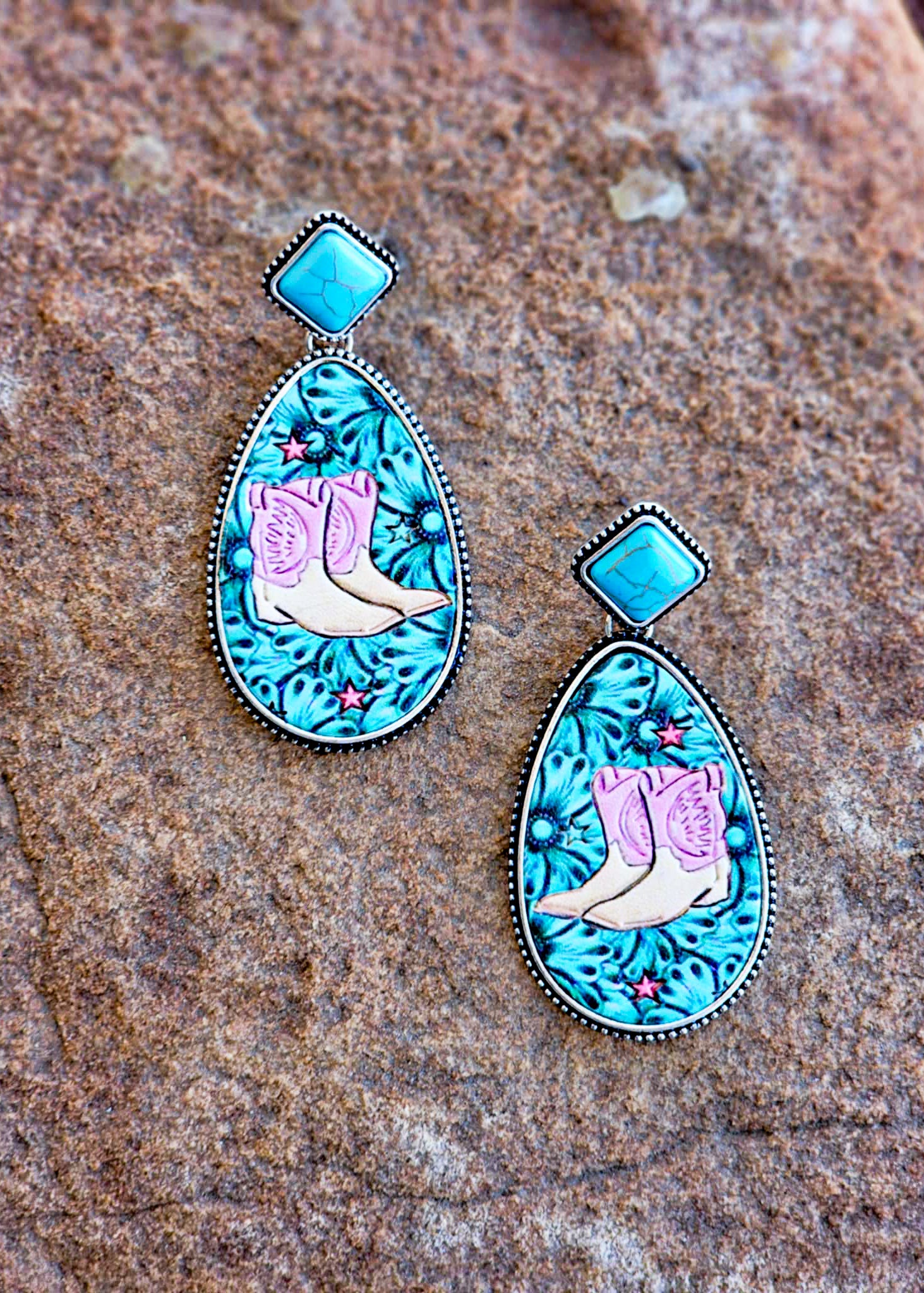 Western Cowboy Boots Embossed Leather Stud Earrings Earrings Blue Tortoise
