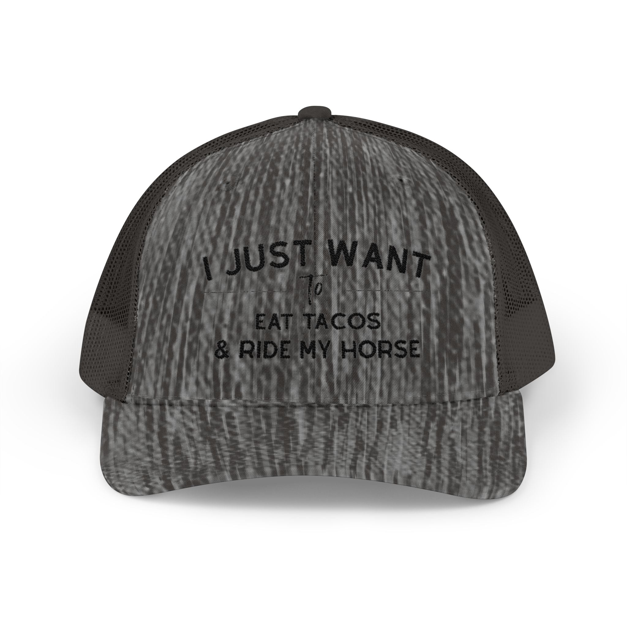 Embroidered I Just Want To Eat Tacos & Ride My Horse Trucker Hat Embroidered TCC Hat The Cinchy Cowgirl - Print Dark Heather Grey