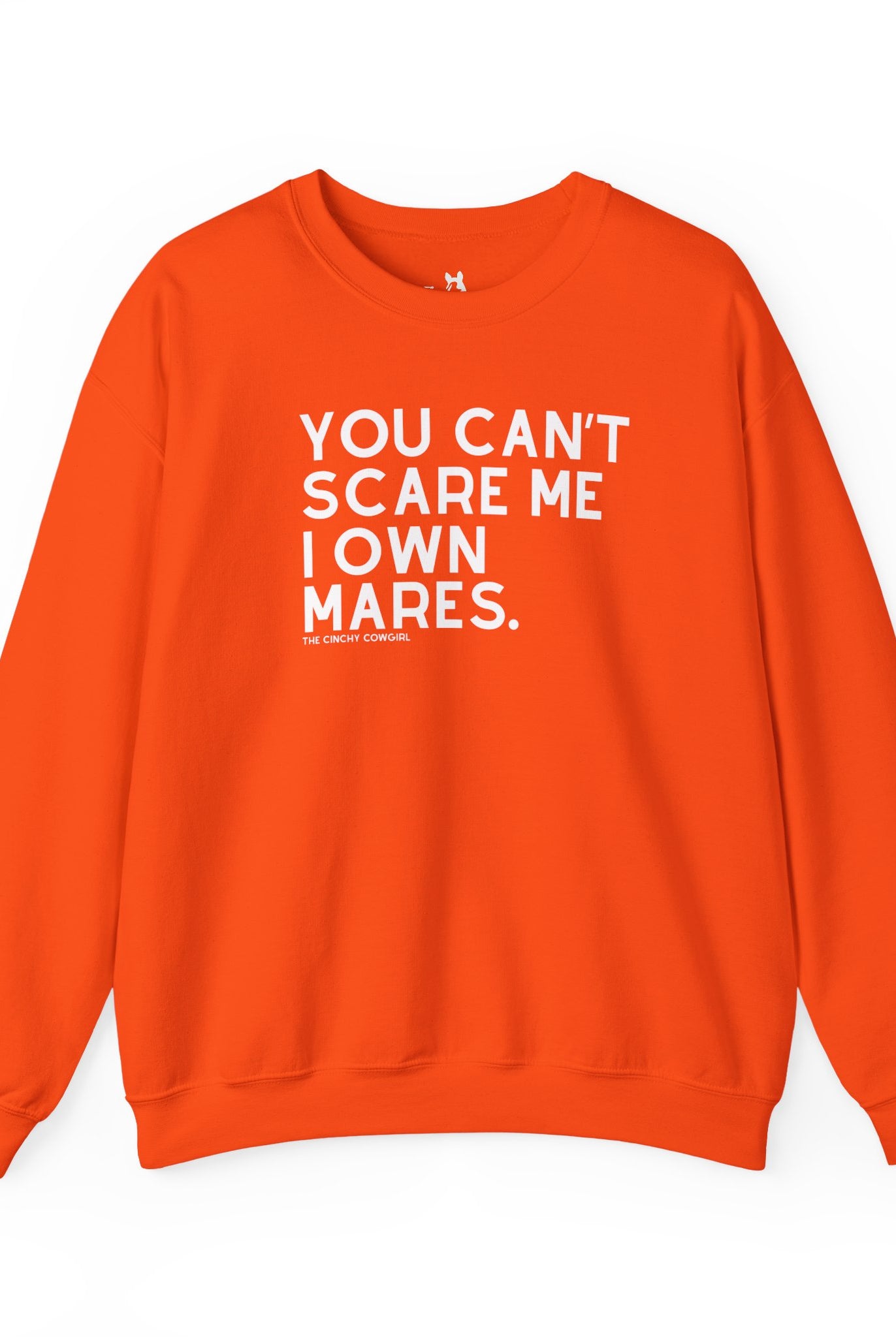 You Can't Scare Me I Own Mares Pullover Sweatshirt The Cinchy Cowgirl - Print S Orange