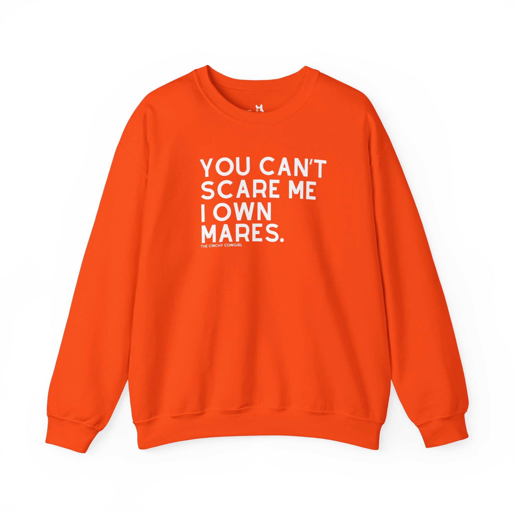 You Can't Scare Me I Own Mares Pullover Sweatshirt The Cinchy Cowgirl - Print S Orange