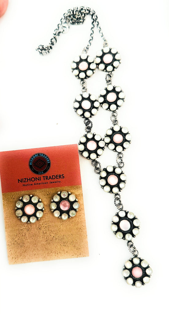 Navajo Sterling Silver & Mother of Pearl Lariat Necklace Set NT jewelry Nizhoni Traders LLC   