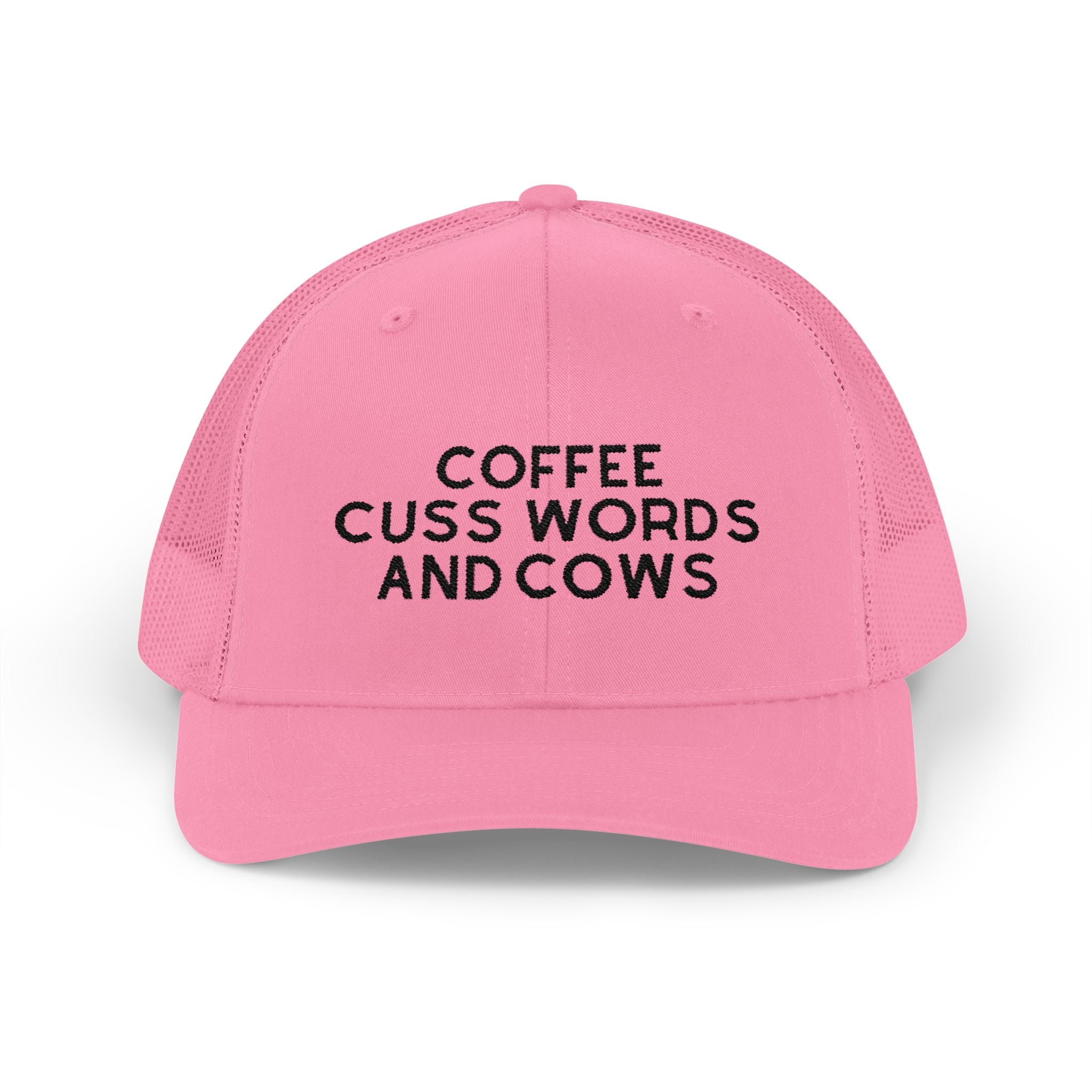 Coffee Cuss Words and Cows Trucker Hat Embroidered TCC Hat The Cinchy Cowgirl - Print Pink