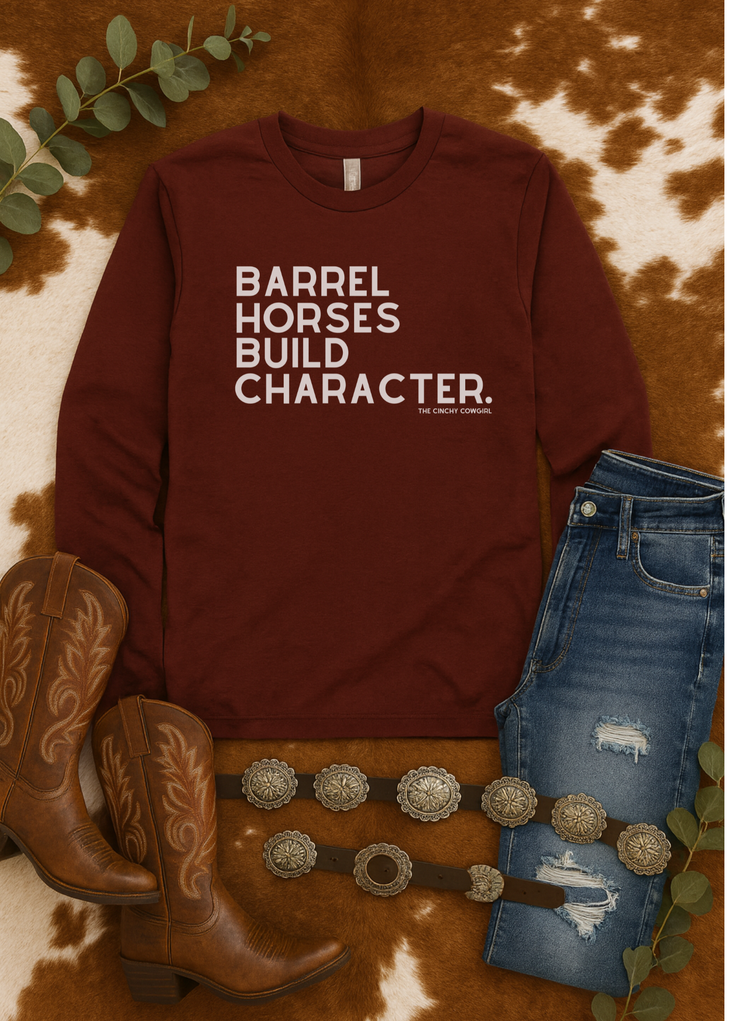 Barrel Horses Build Character Long Sleeve Tee Long Sleeve Graphic Tee The Cinchy Cowgirl - Print