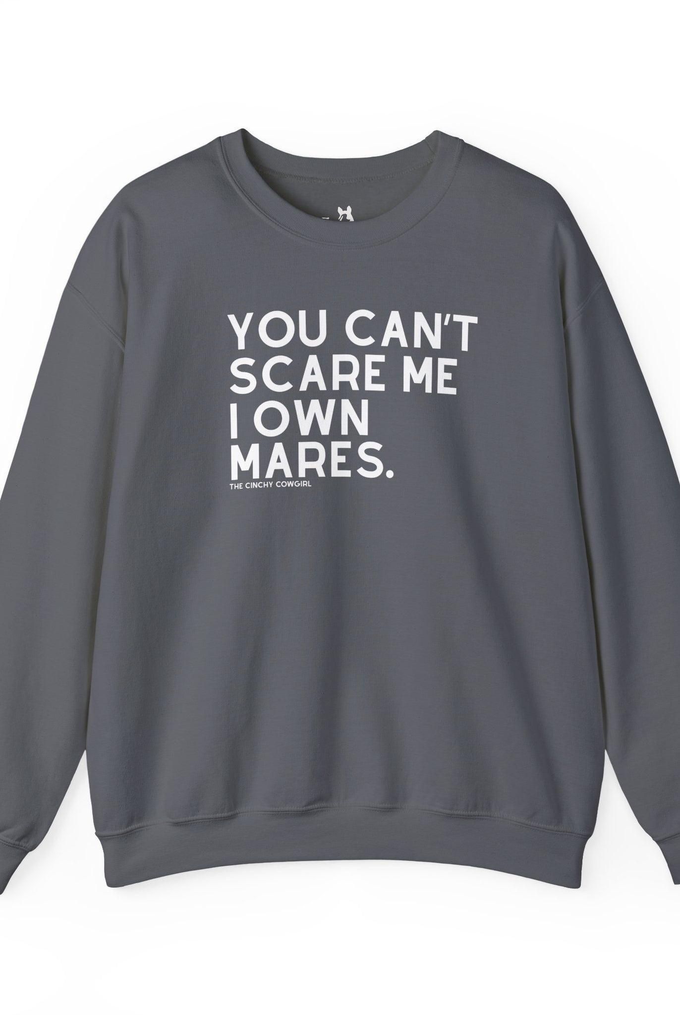You Can't Scare Me I Own Mares Pullover Sweatshirt The Cinchy Cowgirl - Print S Charcoal