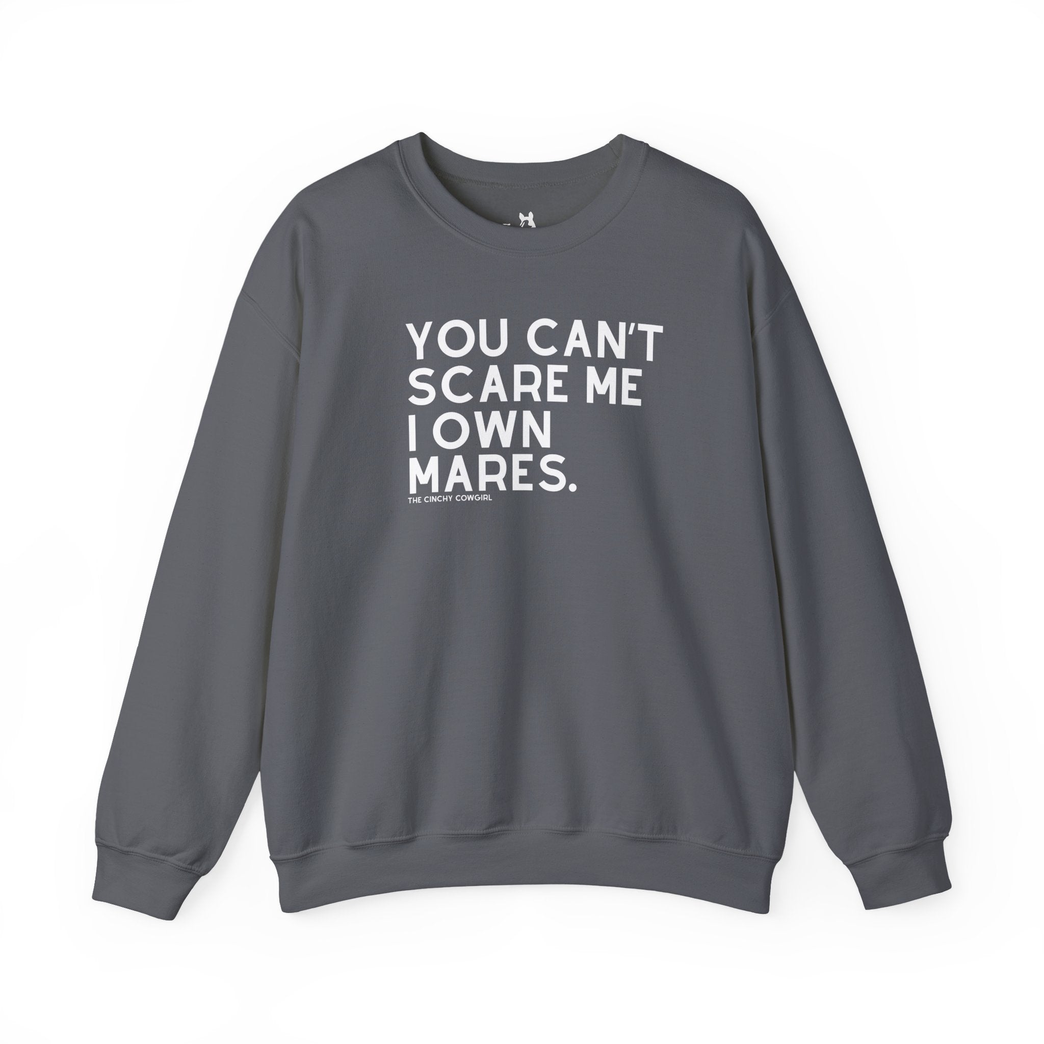 You Can't Scare Me I Own Mares Pullover Sweatshirt The Cinchy Cowgirl - Print S Charcoal