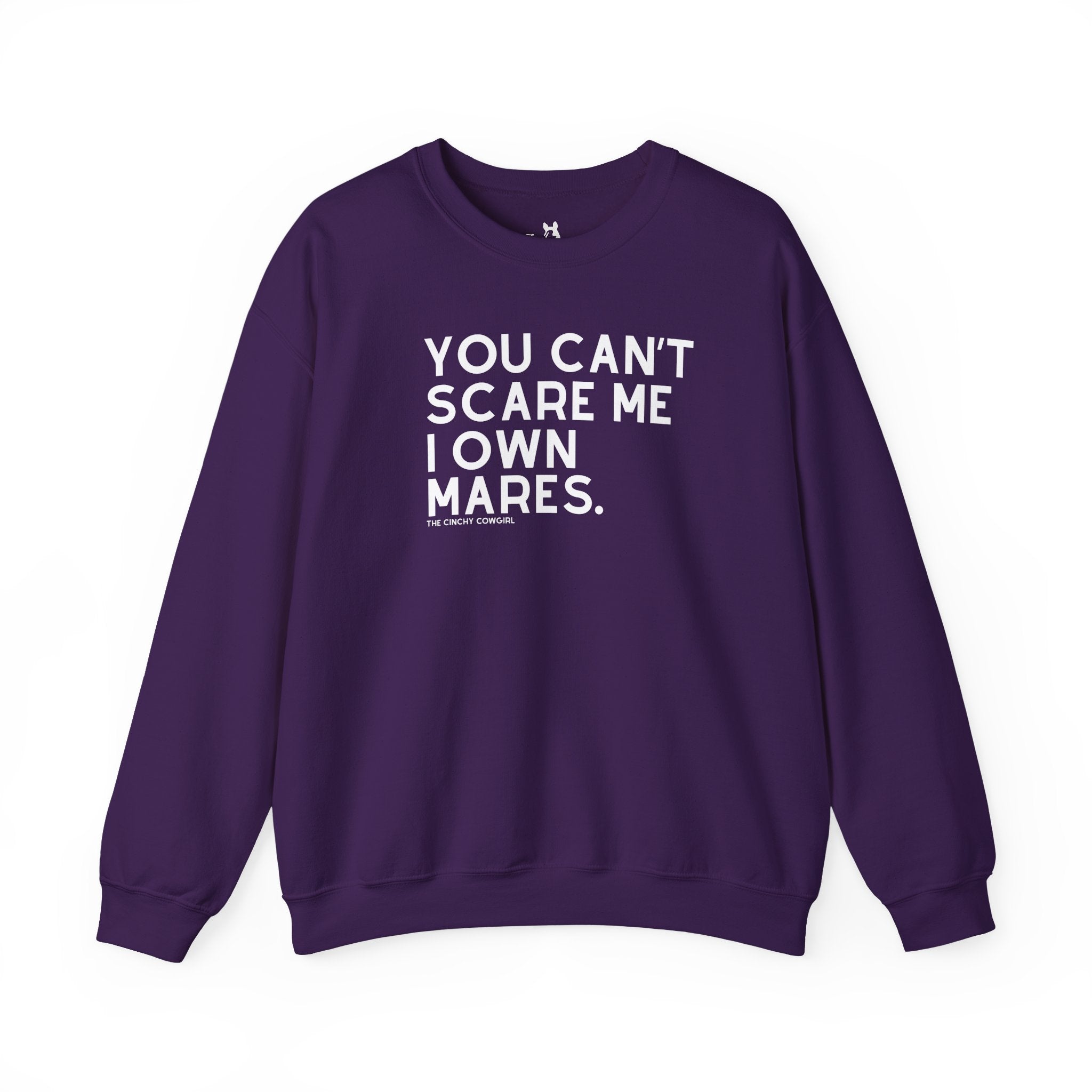 You Can't Scare Me I Own Mares Pullover Sweatshirt The Cinchy Cowgirl - Print S Purple