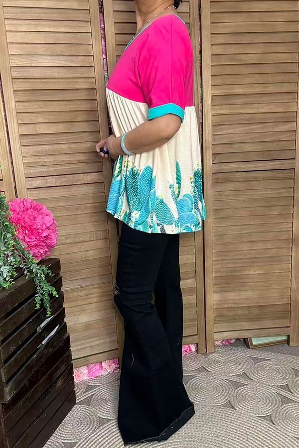 Pink & Cream Cactus Babydoll Top blouse ladysworld