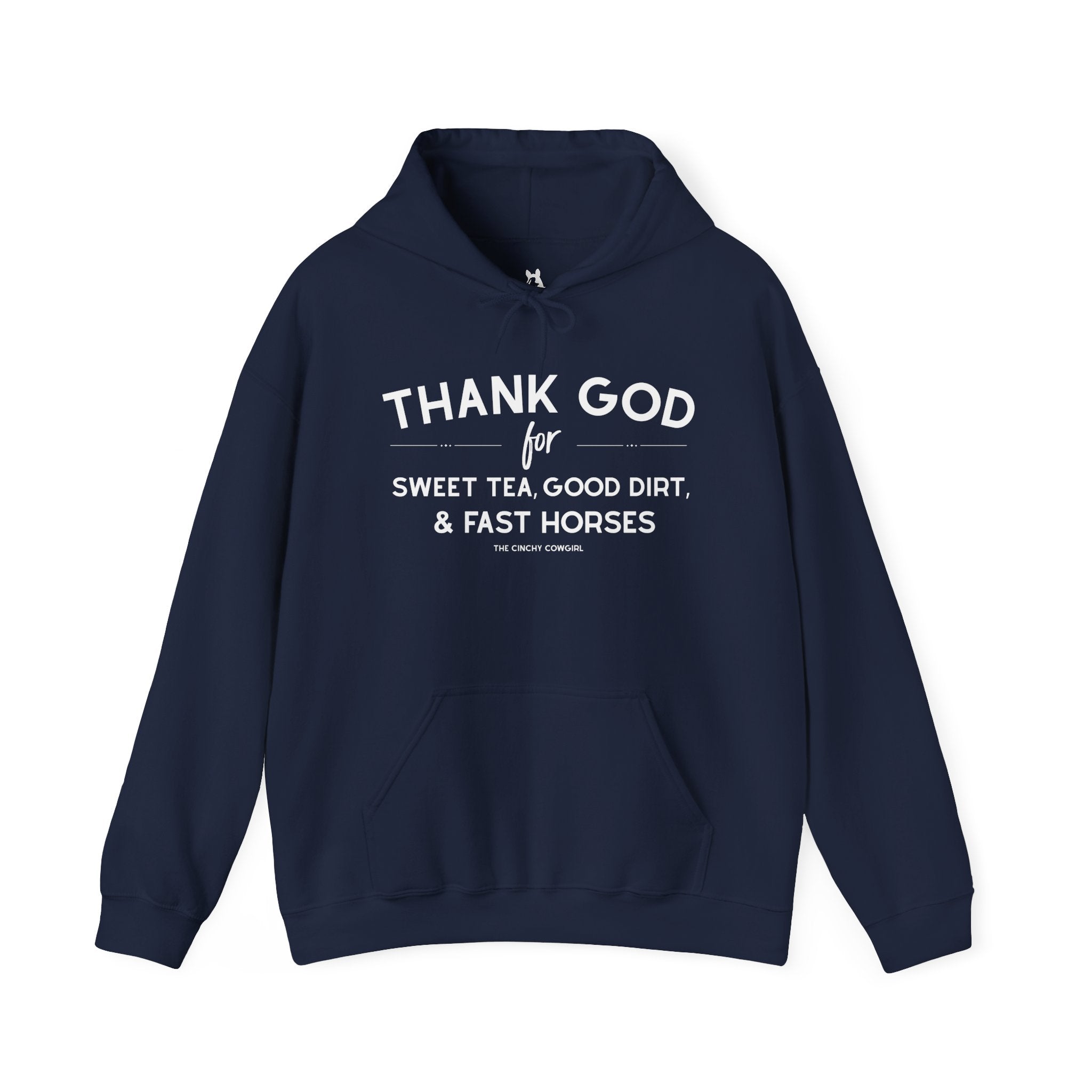 Thank God For Sweet Tea, Good Dirt, & Fast Horses Hoodie Hoodie The Cinchy Cowgirl - Print Navy S