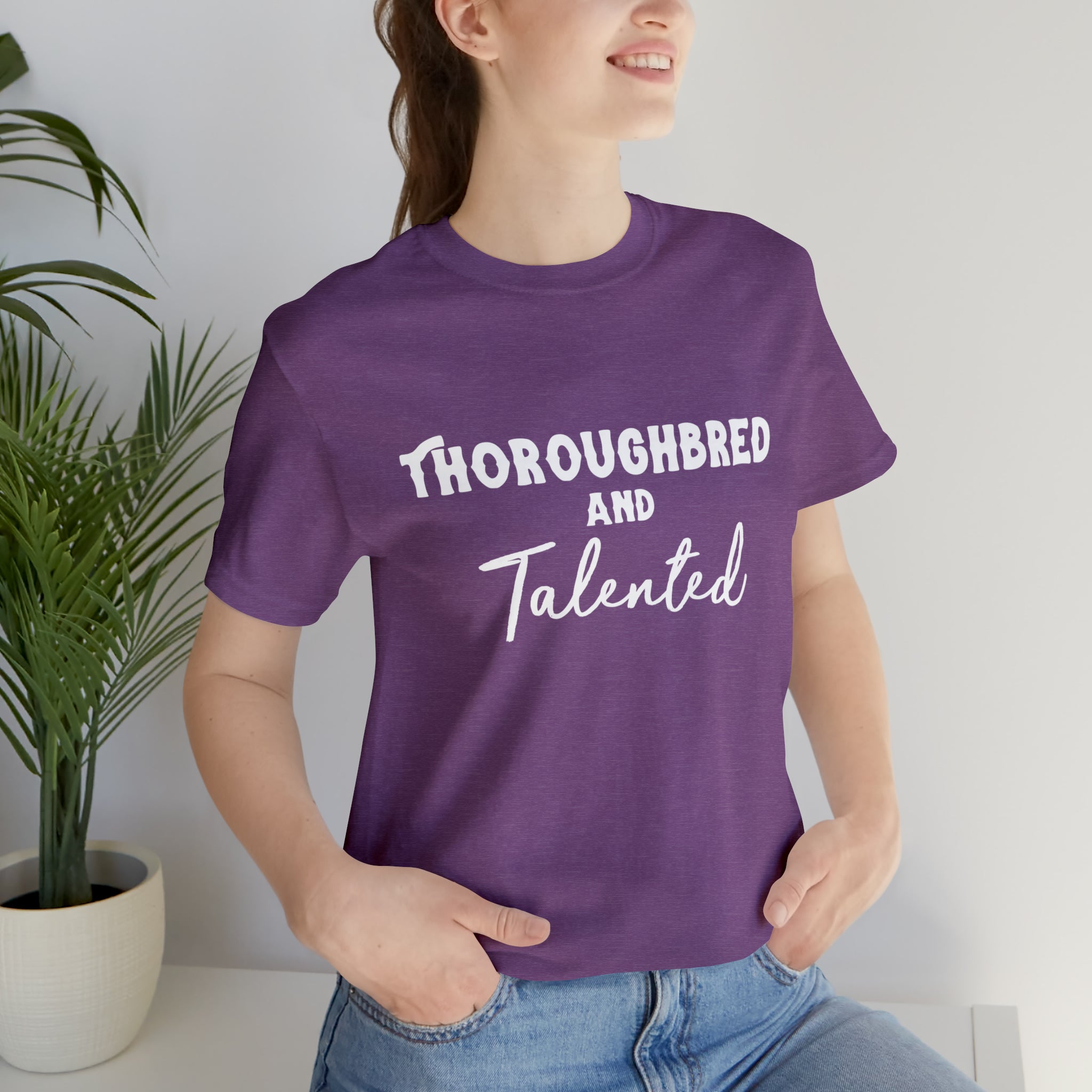 Thoroughbred & Talented Short Sleeve Tee Horse Color Shirt Printify Heather Team Purple XS
