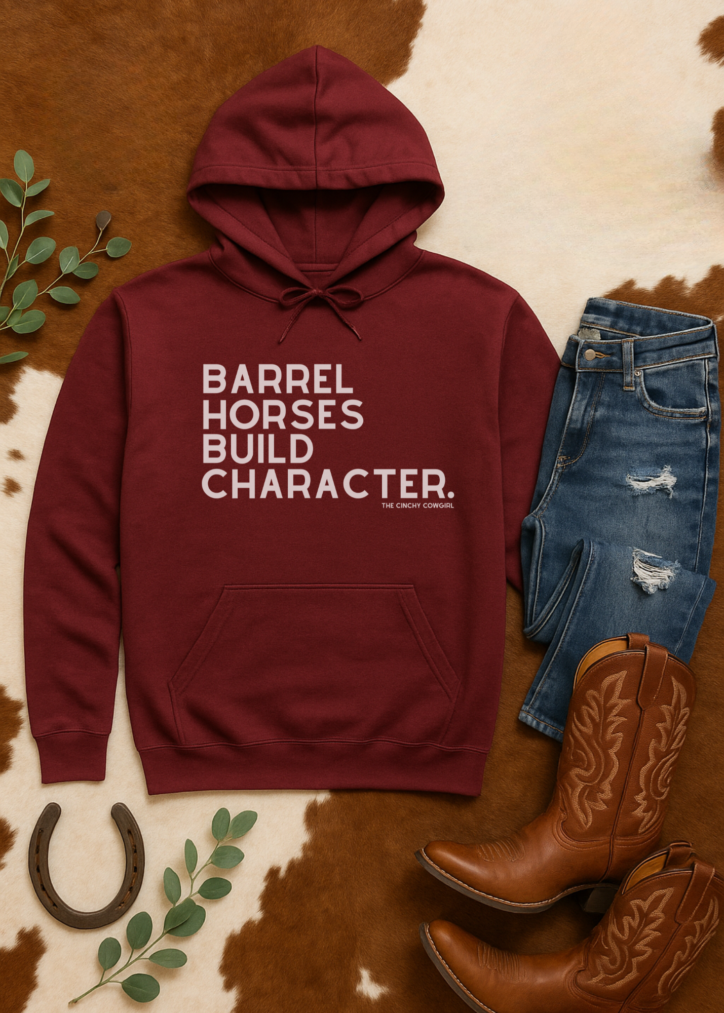 Barrel Horses Build Character Hoodie Graphic Hoodie The Cinchy Cowgirl - Print
