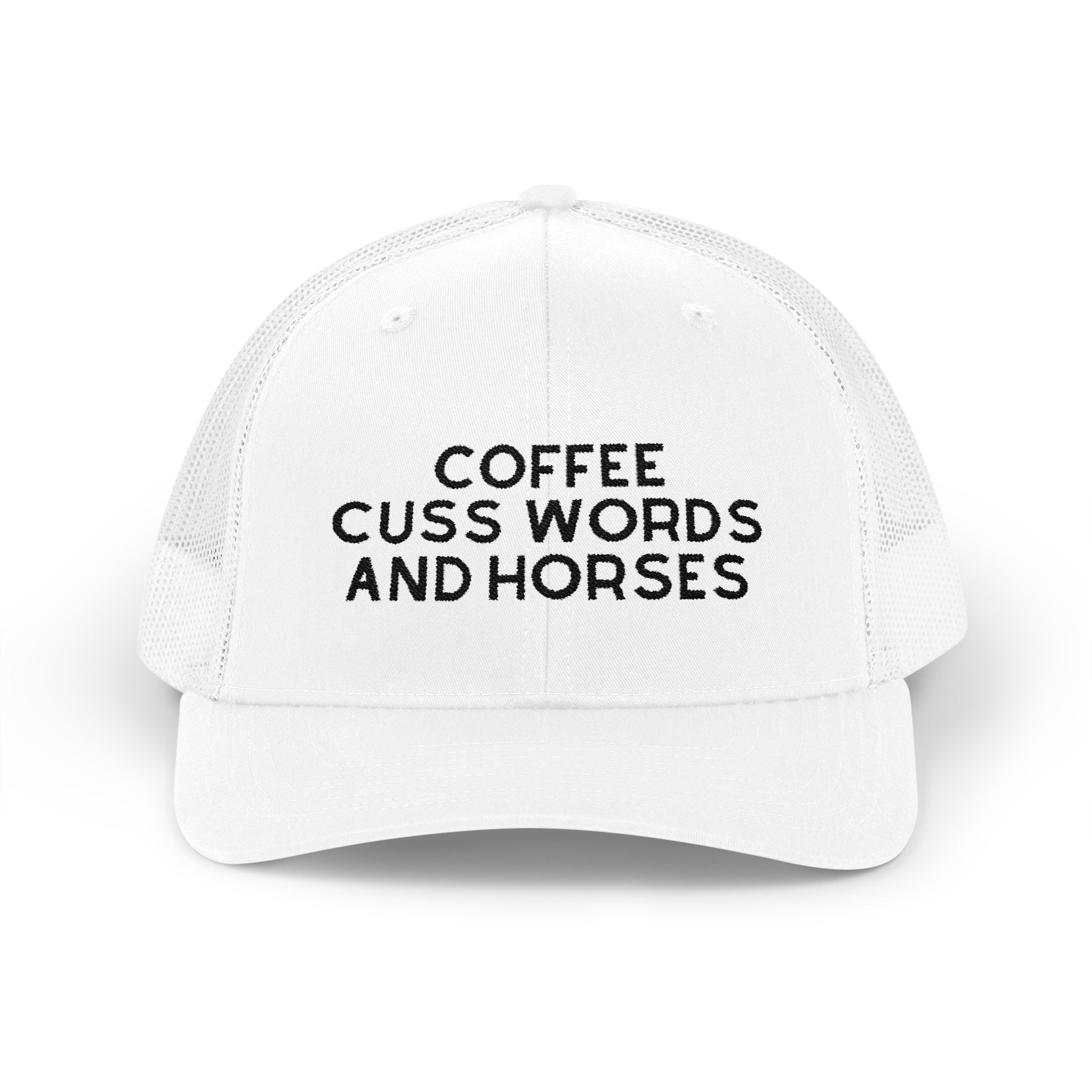 Coffee Cuss Words and Horses Trucker Hat Embroidered TCC Hat The Cinchy Cowgirl - Print White