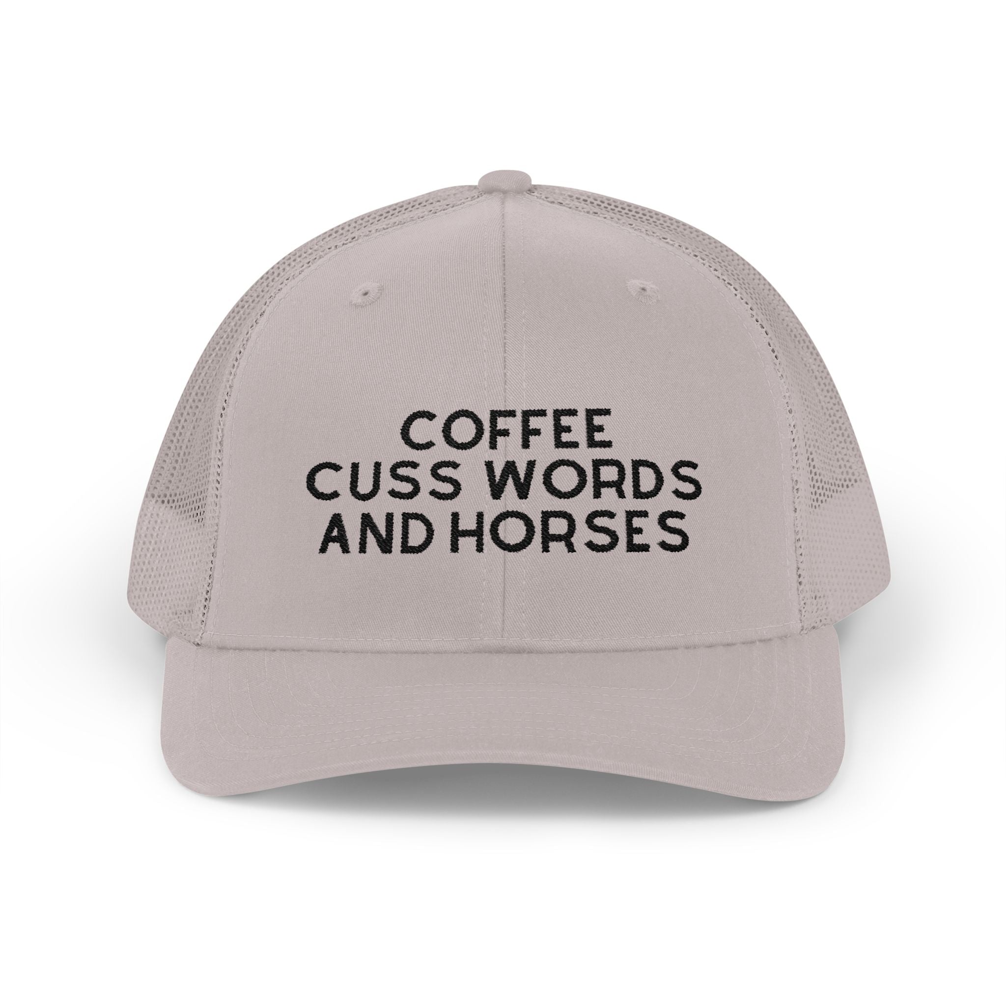 Coffee Cuss Words and Horses Trucker Hat Embroidered TCC Hat The Cinchy Cowgirl - Print Silver