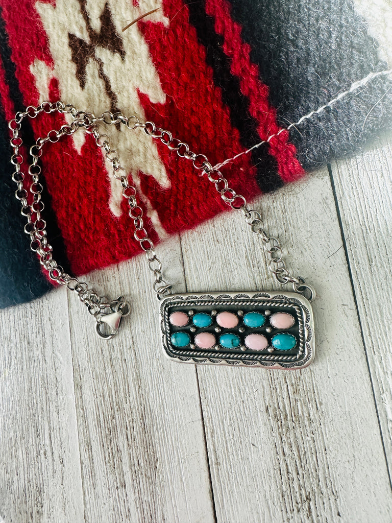 Navajo Sterling Silver, Turquoise & Queen Pink Conch Shell Bar Necklace NT jewelry Nizhoni Traders LLC   