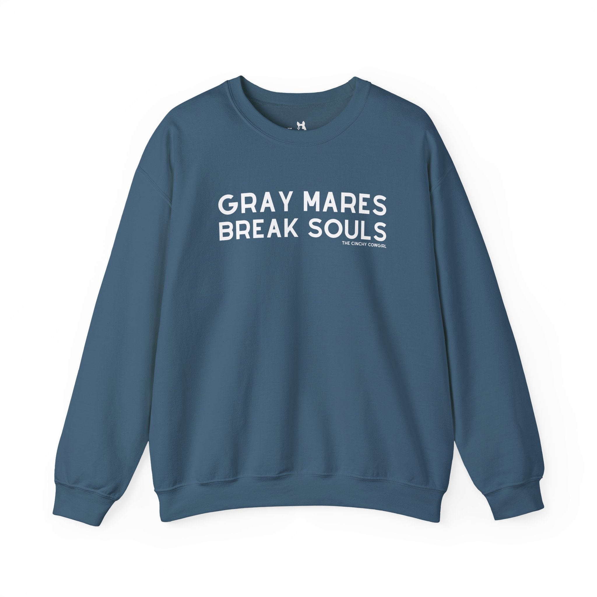 Gray Mares Break Souls Pullover Sweatshirt The Cinchy Cowgirl - Print S Indigo Blue