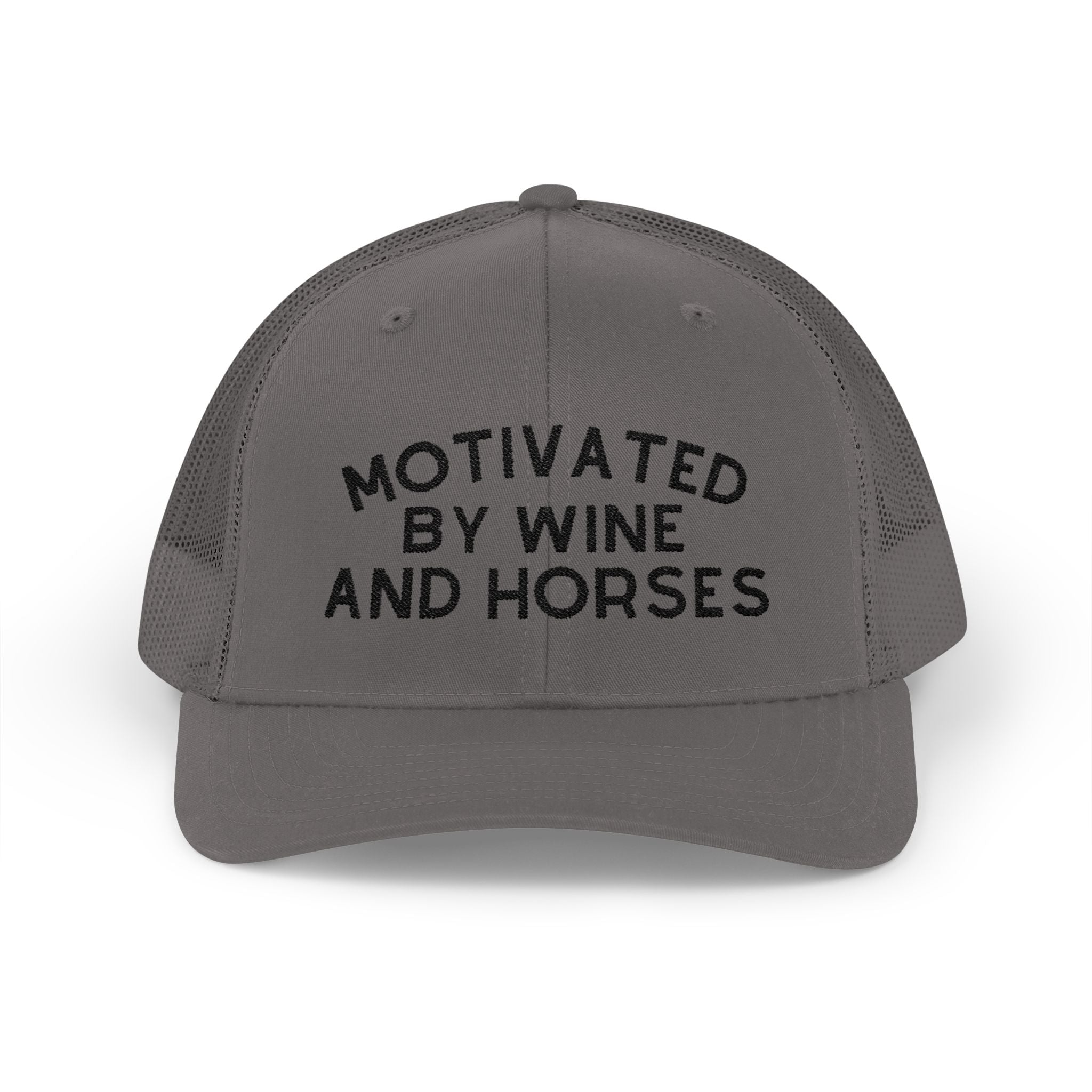 Motivated by Wine & Horses Trucker Hat Embroidered TCC Hat The Cinchy Cowgirl - Print Charcoal