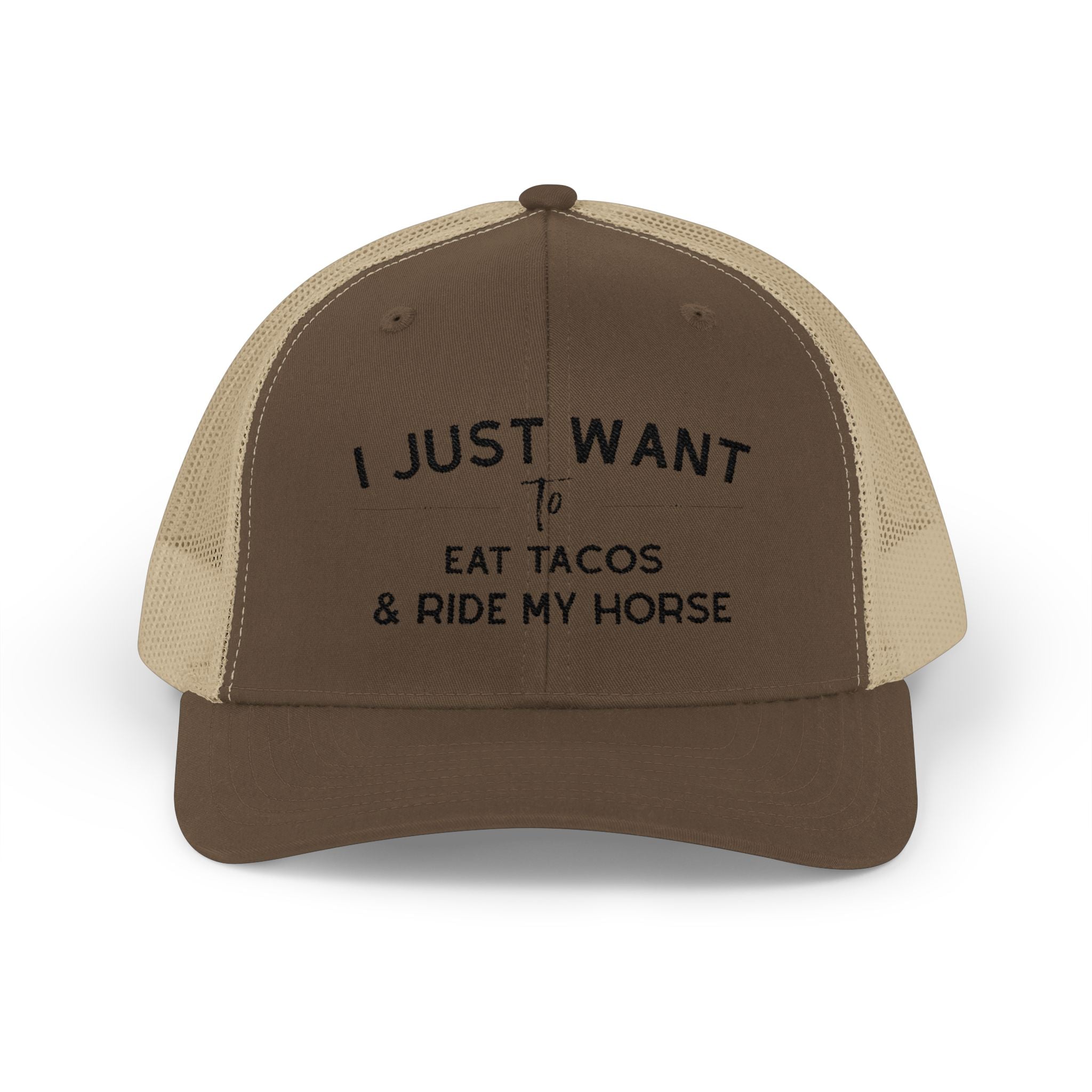 Embroidered I Just Want To Eat Tacos & Ride My Horse Trucker Hat Embroidered TCC Hat The Cinchy Cowgirl - Print Brown / Khaki