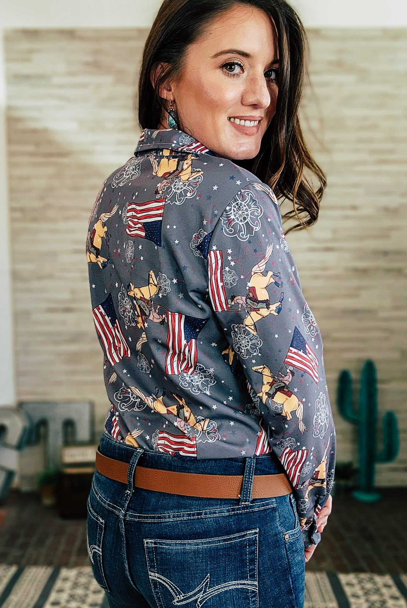 Gray American Flag Palomino Long Sleeve Button Down YC Long Sleeve Button Down The Cinchy Cowgirl (YC)