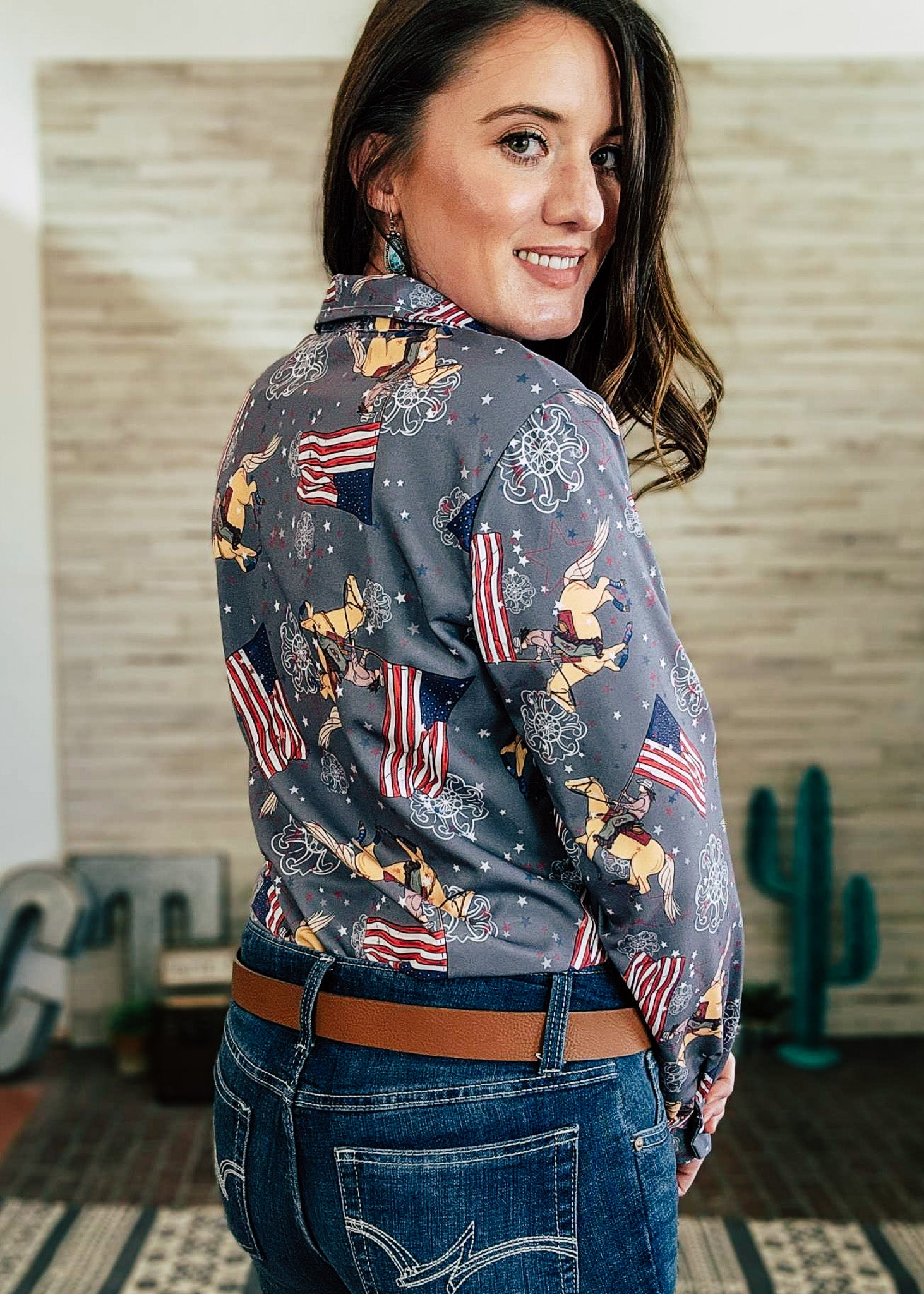 Gray American Flag Palomino Long Sleeve Button Down YC Long Sleeve Button Down The Cinchy Cowgirl (YC)